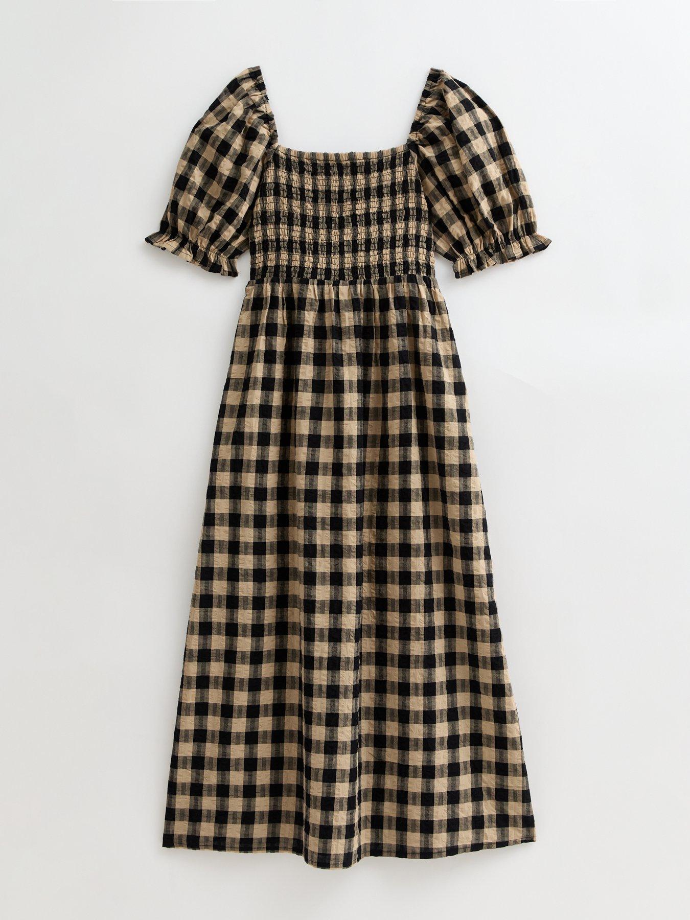 New Look Checked Puff Sleeve Seersucker Midi Dress - Brown | Very Ireland