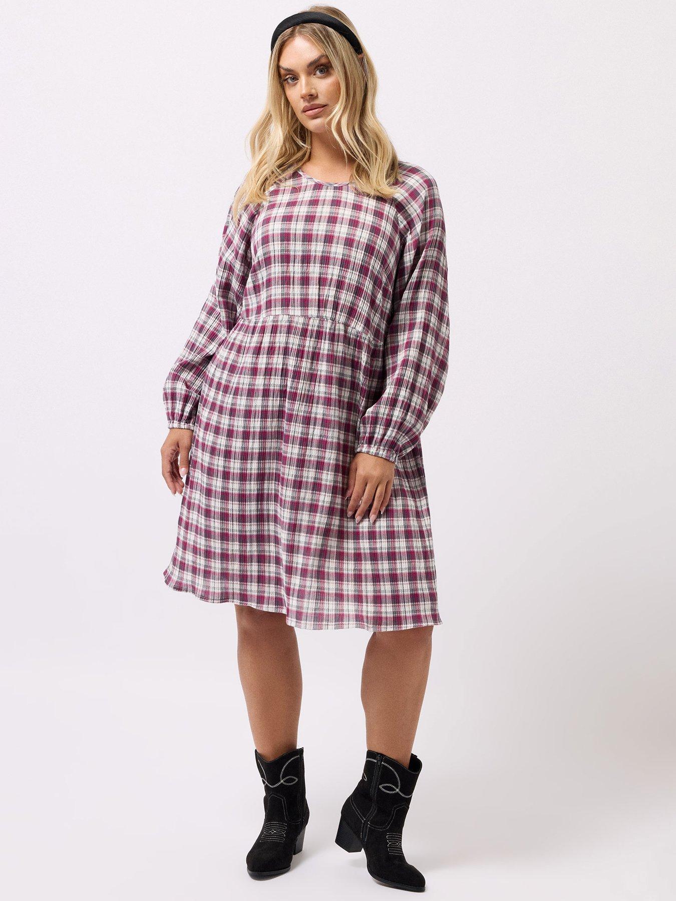 Yours Curve Textured Smock Check Dress - Pink