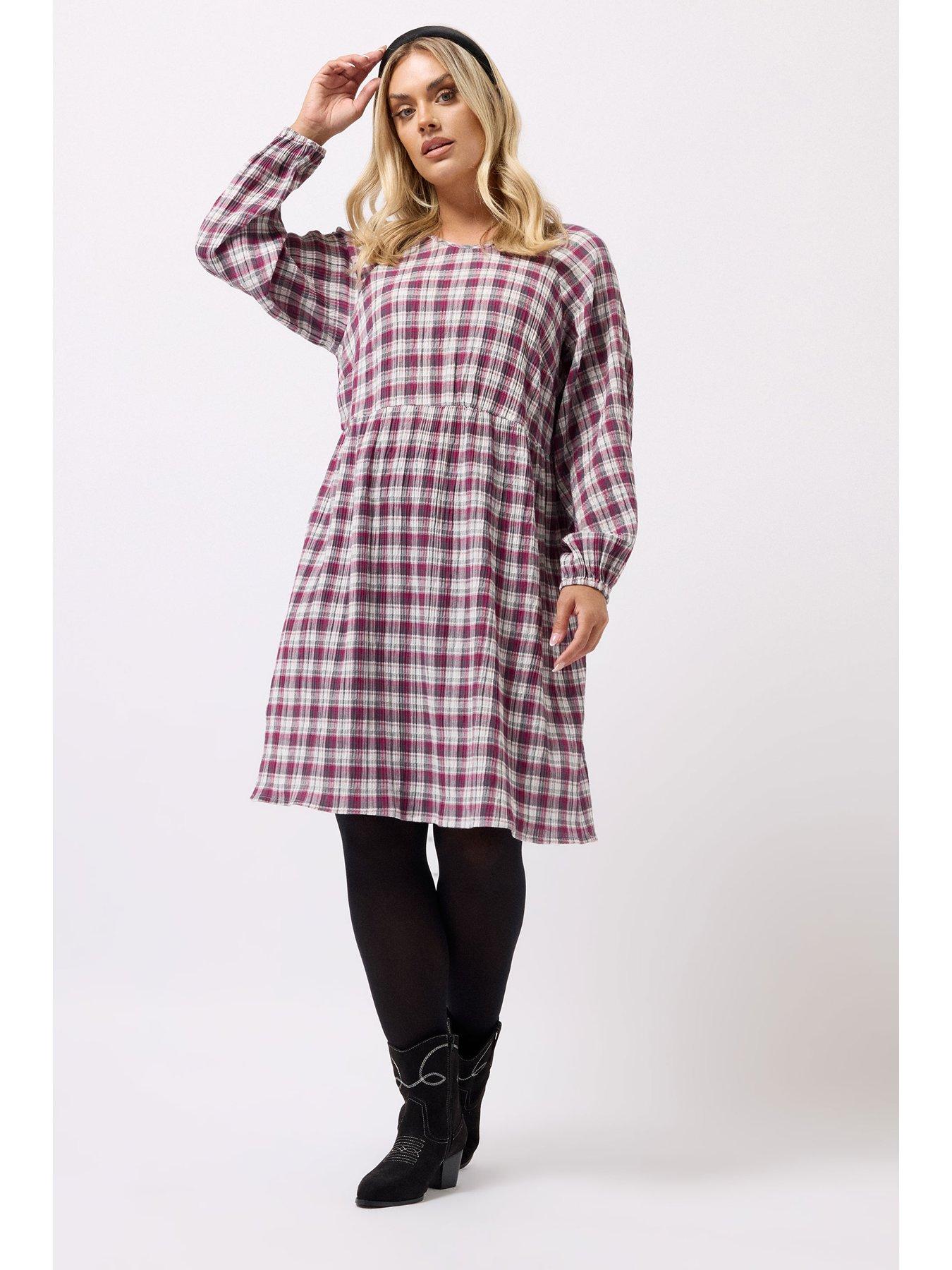yours-curve-textured-smock-check-dress-pinkback