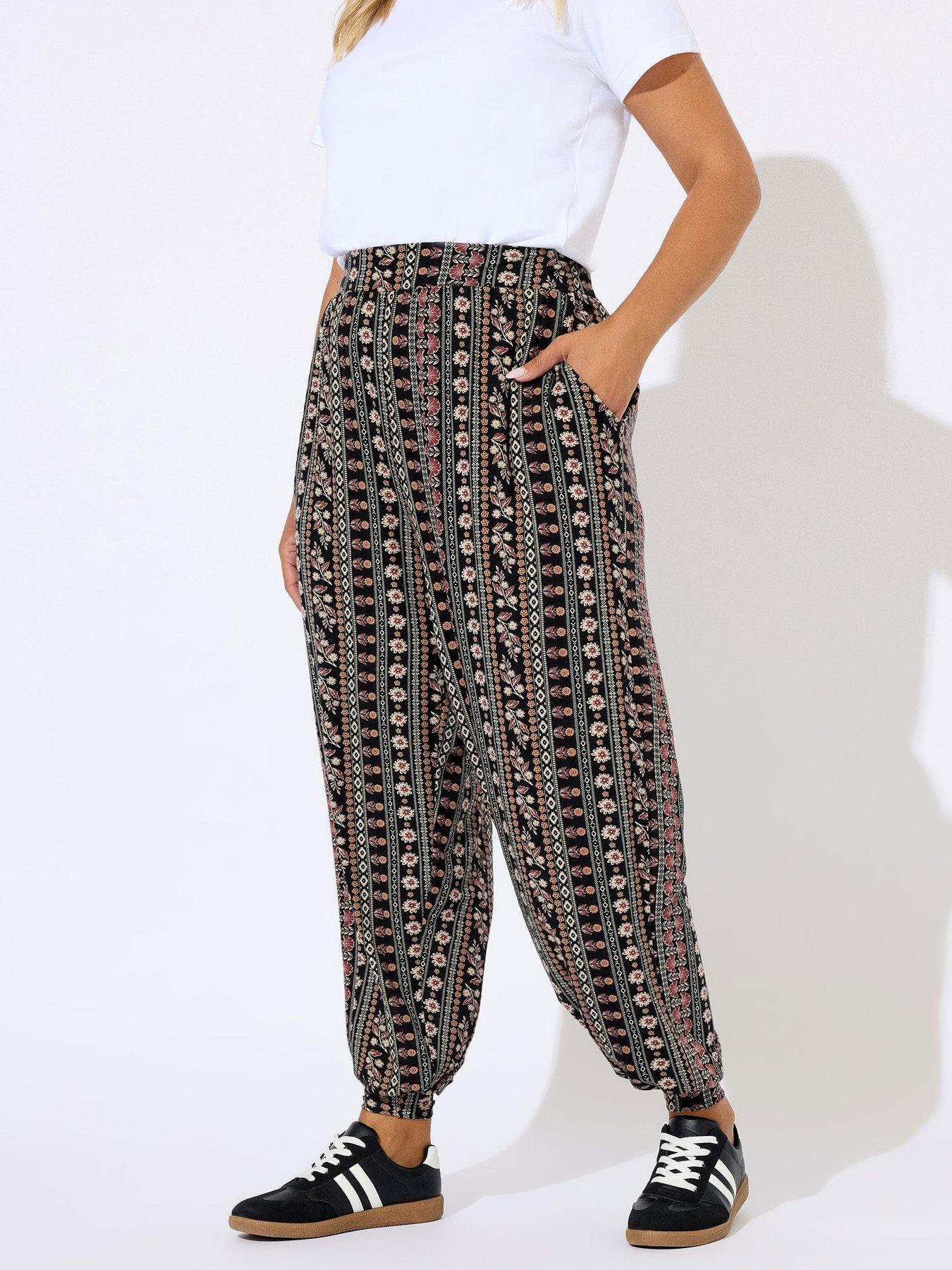Yours Curve Floral Cuffed Harem Trouser - Brown