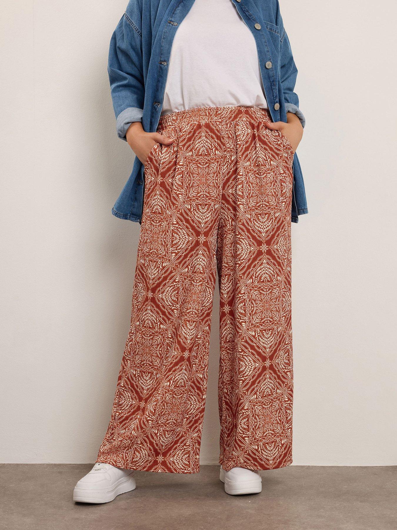 Yours Curve Crinkle Wide Leg Trouser - Brown