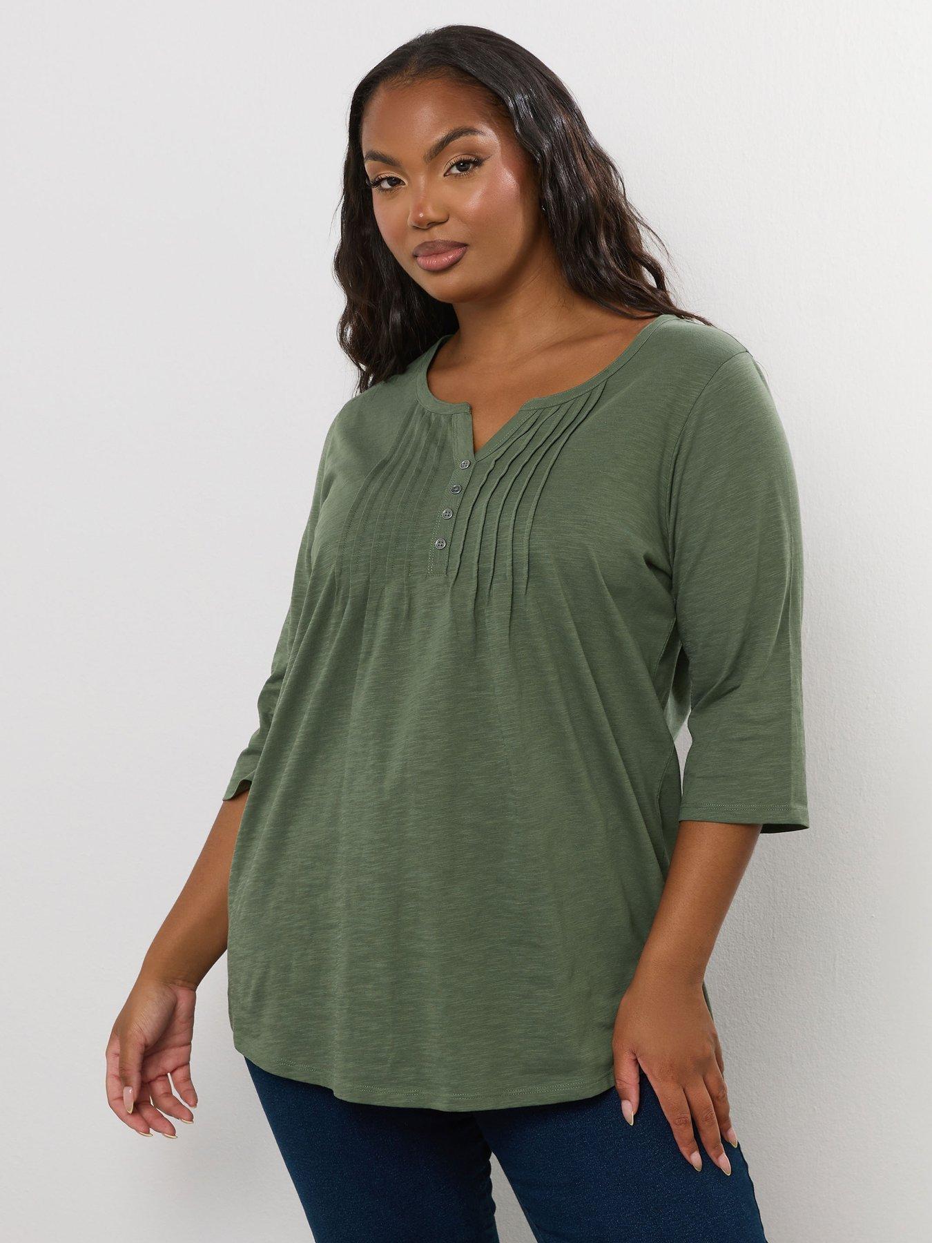 Image 1 of 4 of Yours Curve Pintuck Henley Top - Green