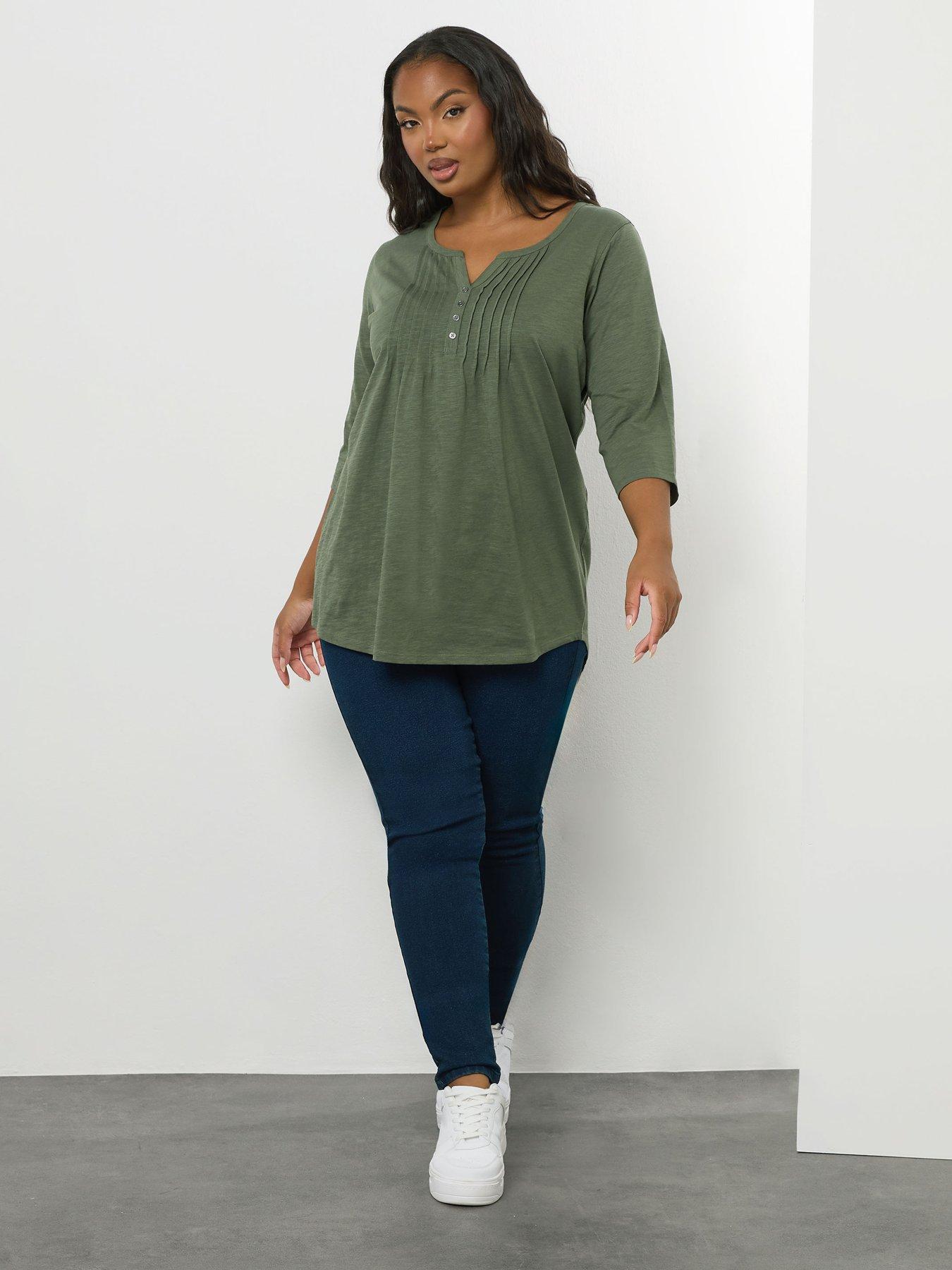 Image 3 of 4 of Yours Curve Pintuck Henley Top - Green