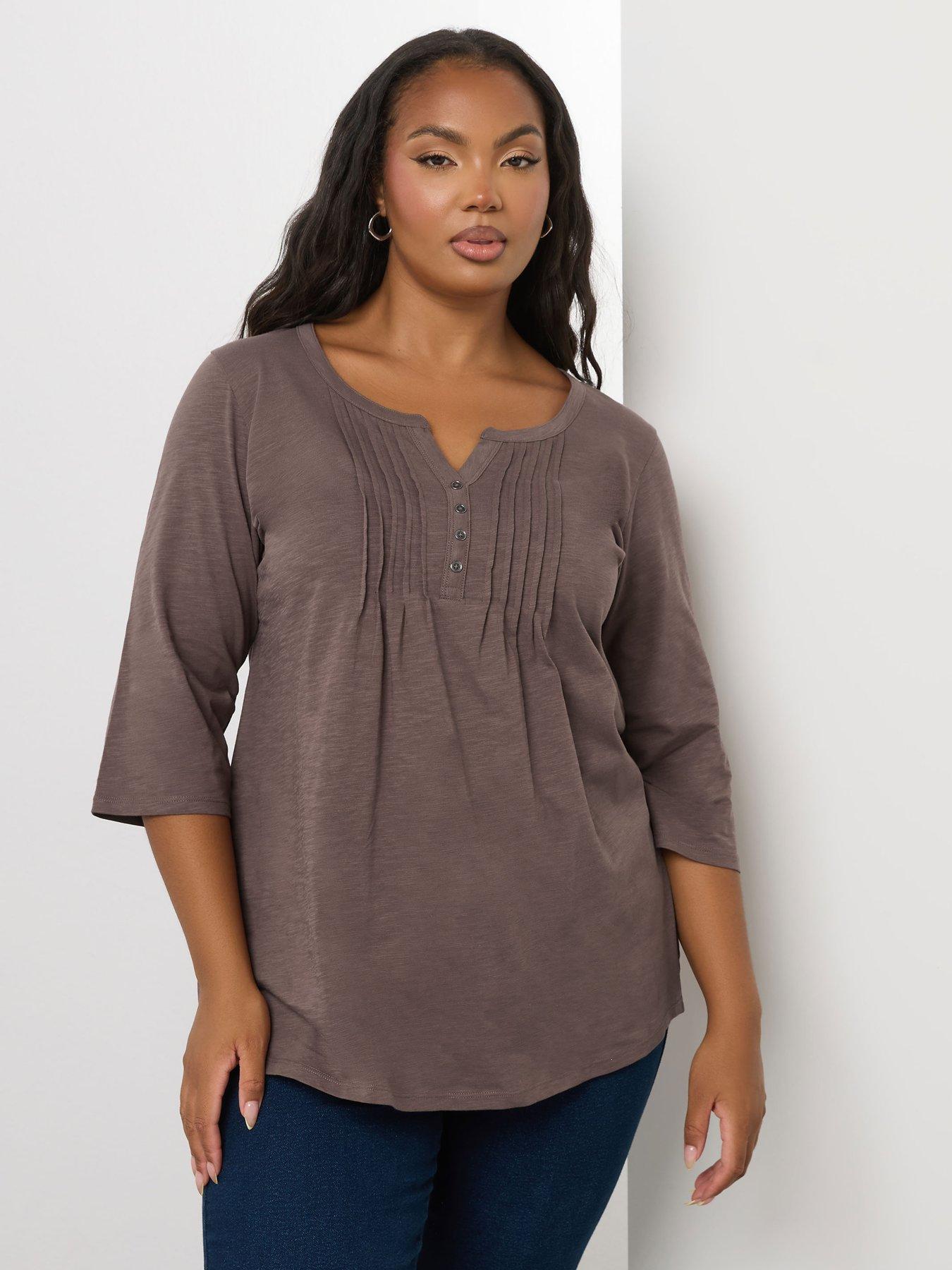 Image 1 of 4 of Yours Curve Pintuck Henley Top - Brown