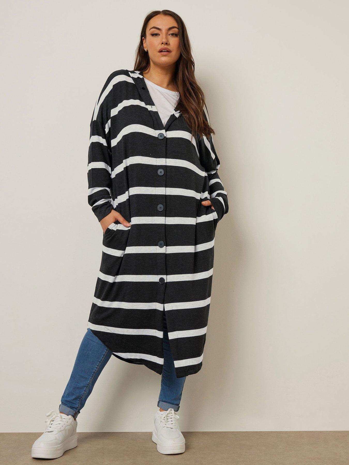 Yours Curve Longline Hooded Stripe Cardigan - Black