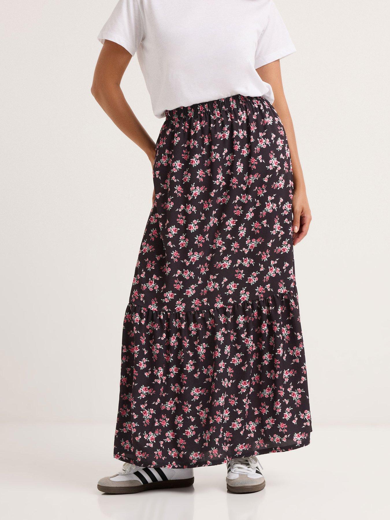 Image 1 of 4 of PixieGirl Petite Ditsy Tiered Maxi Skirt - Black
