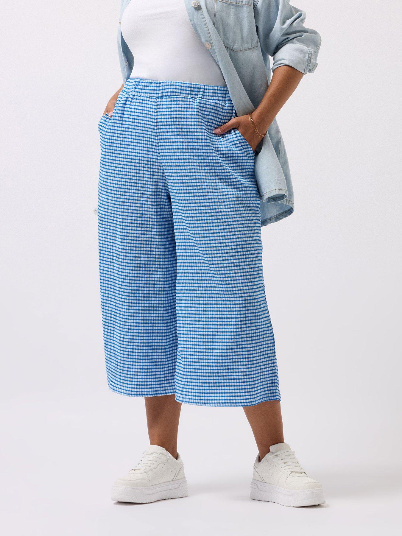 Image 1 of 4 of Yours Curve Gingham Textured Midaxi Culottes - Blue
