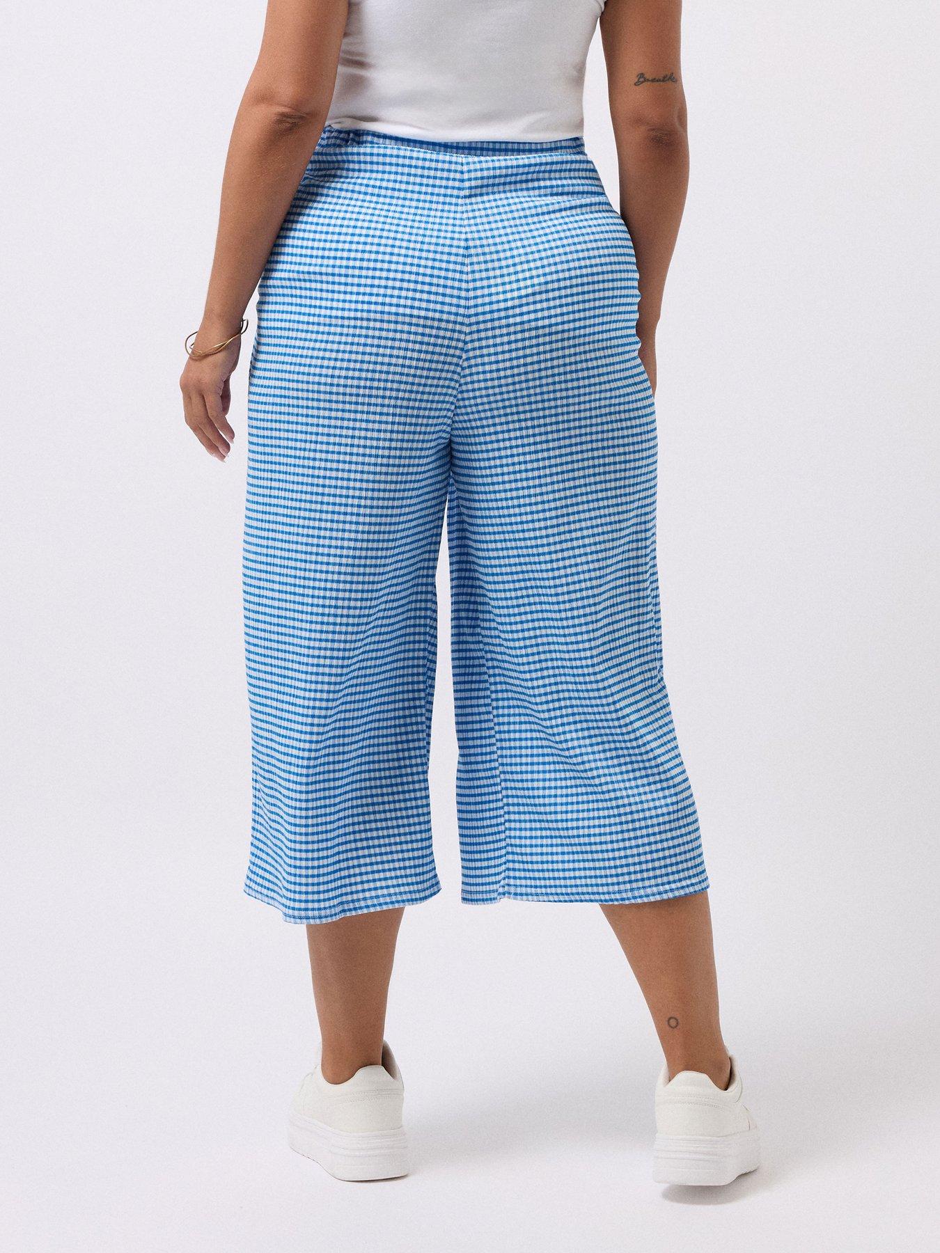 Image 2 of 4 of Yours Curve Gingham Textured Midaxi Culottes - Blue