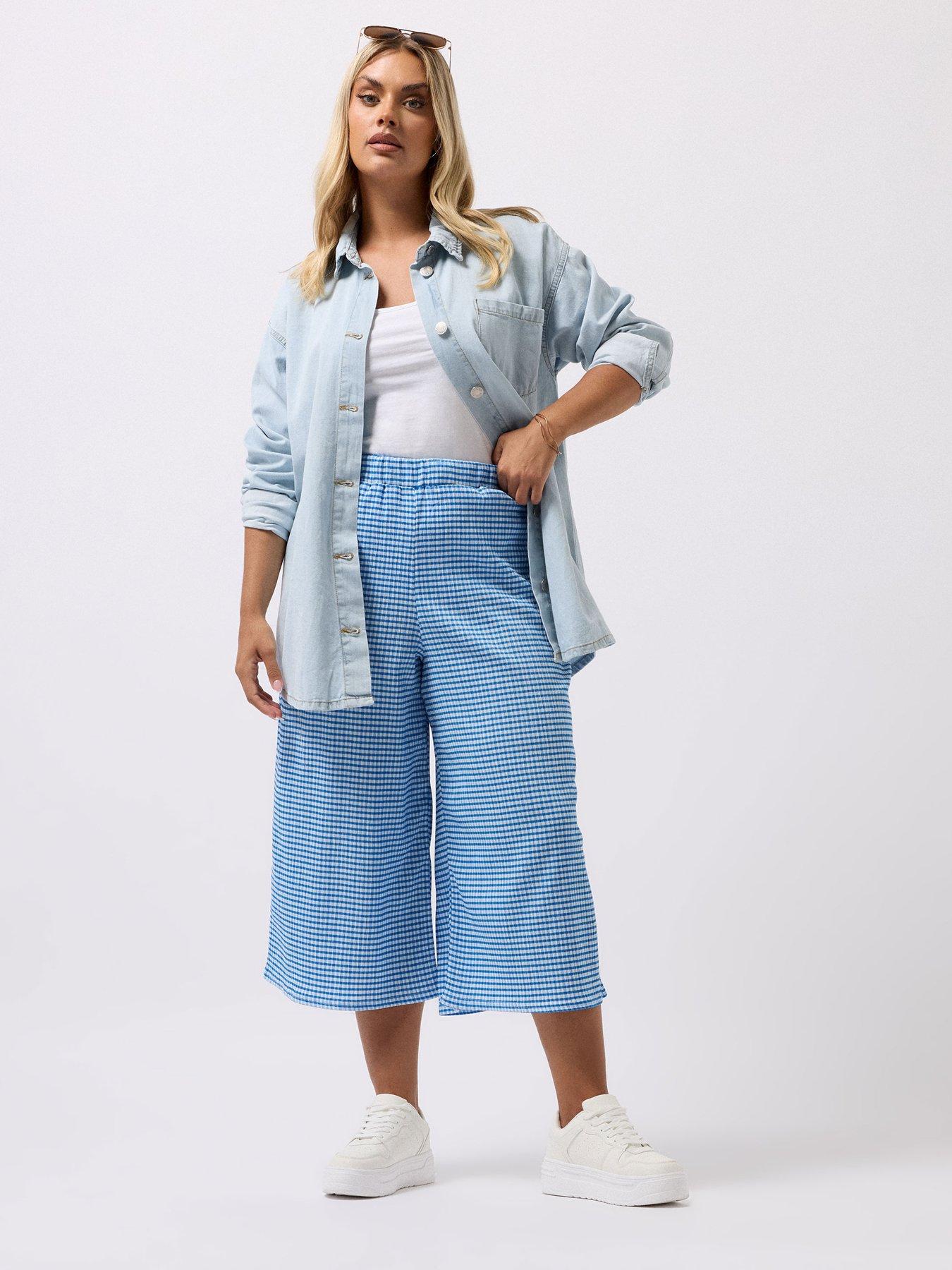 Image 3 of 4 of Yours Curve Gingham Textured Midaxi Culottes - Blue
