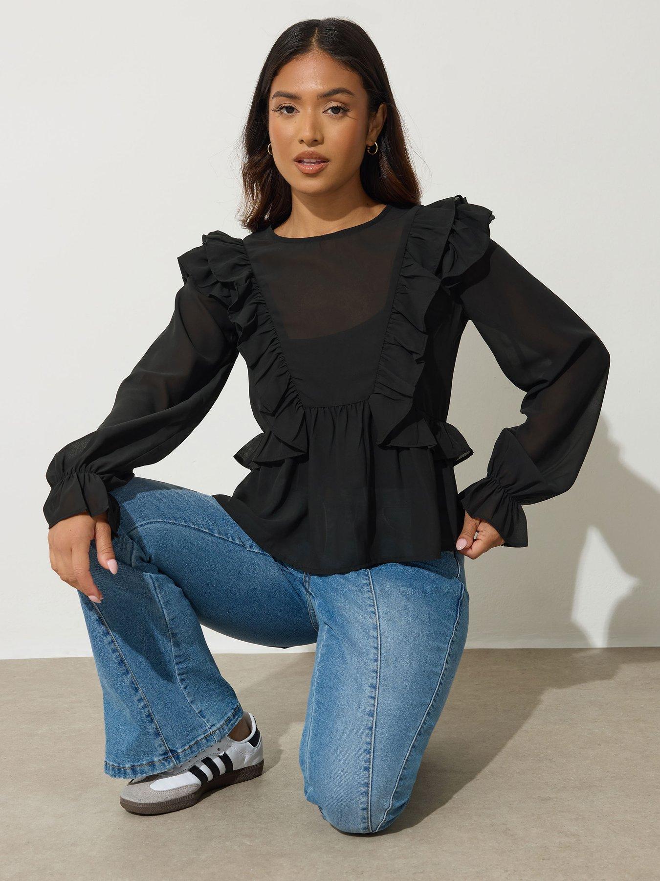 pixiegirl-petite-frill-shoulder-long-sleeve-top-blackfront