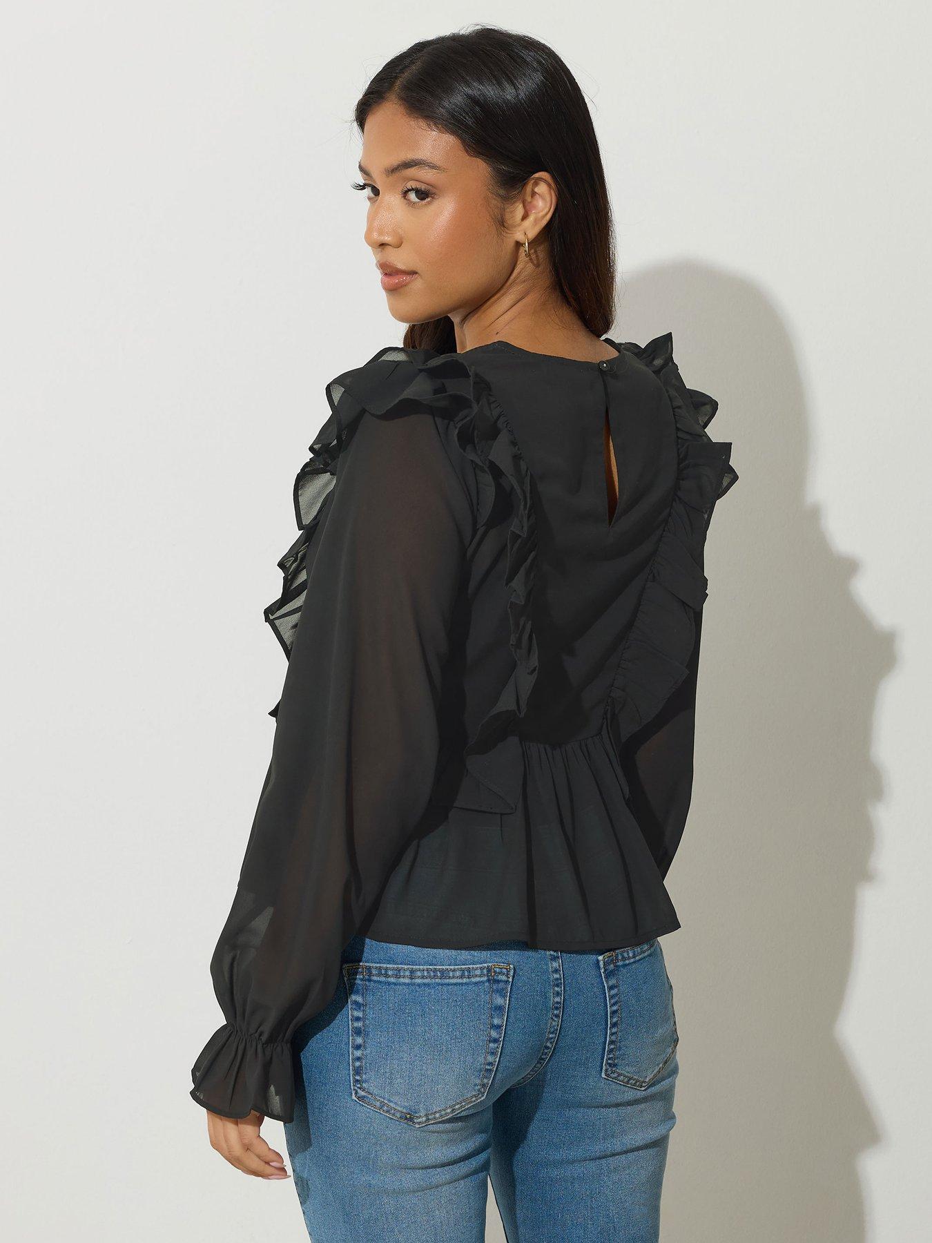 pixiegirl-petite-frill-shoulder-long-sleeve-top-blackstillFront