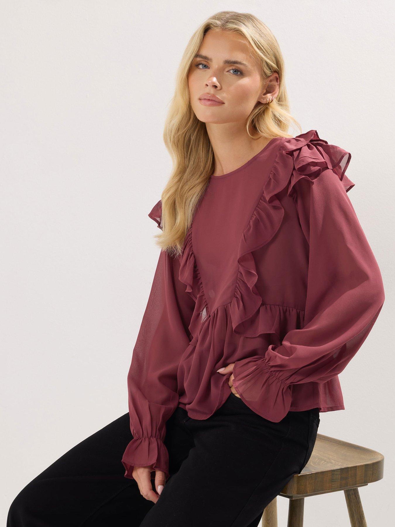 Image 1 of 4 of PixieGirl Petite Frill Shoulder Long Sleeve Top - Red