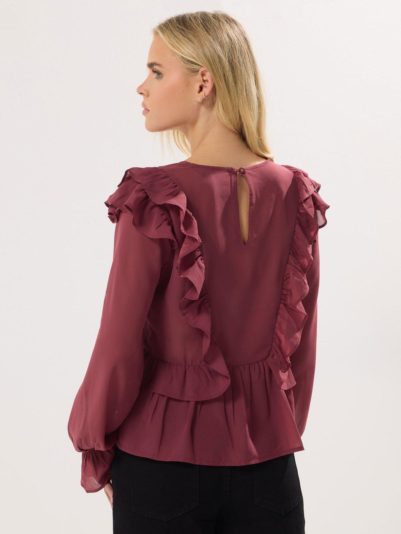Image 2 of 4 of PixieGirl Petite Frill Shoulder Long Sleeve Top - Red