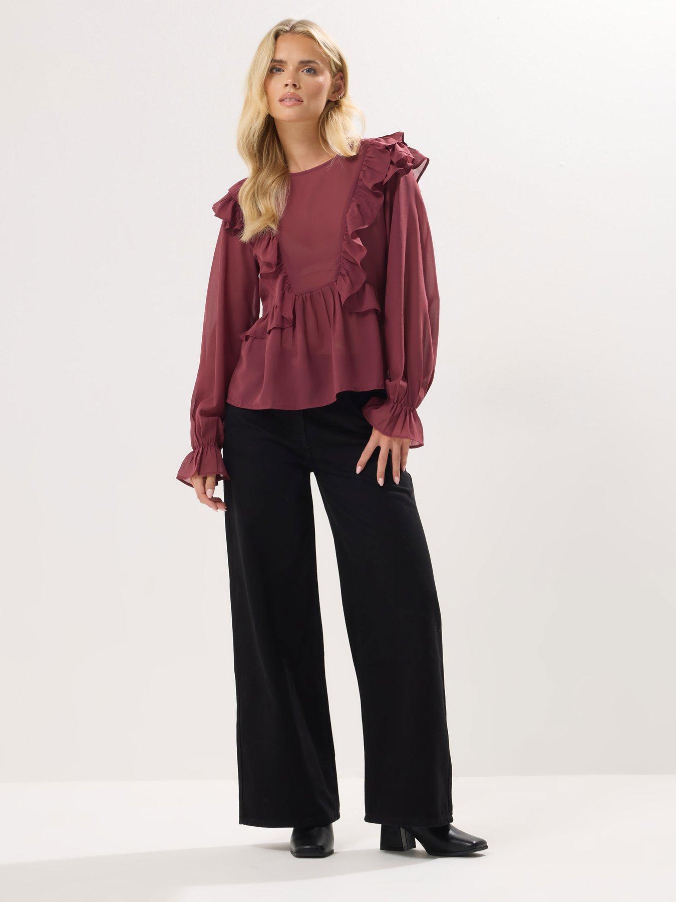 Image 3 of 4 of PixieGirl Petite Frill Shoulder Long Sleeve Top - Red