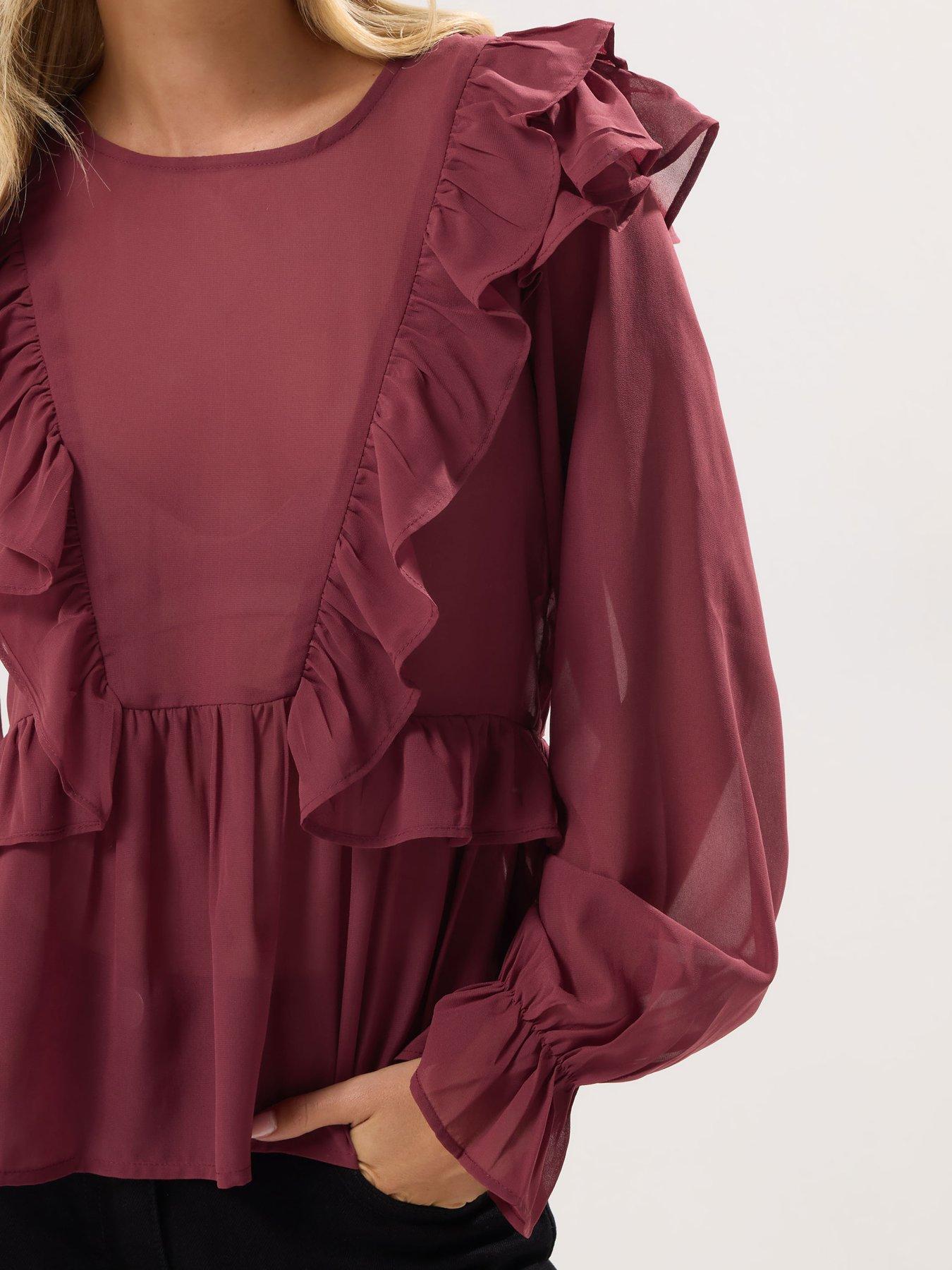 Image 4 of 4 of PixieGirl Petite Frill Shoulder Long Sleeve Top - Red