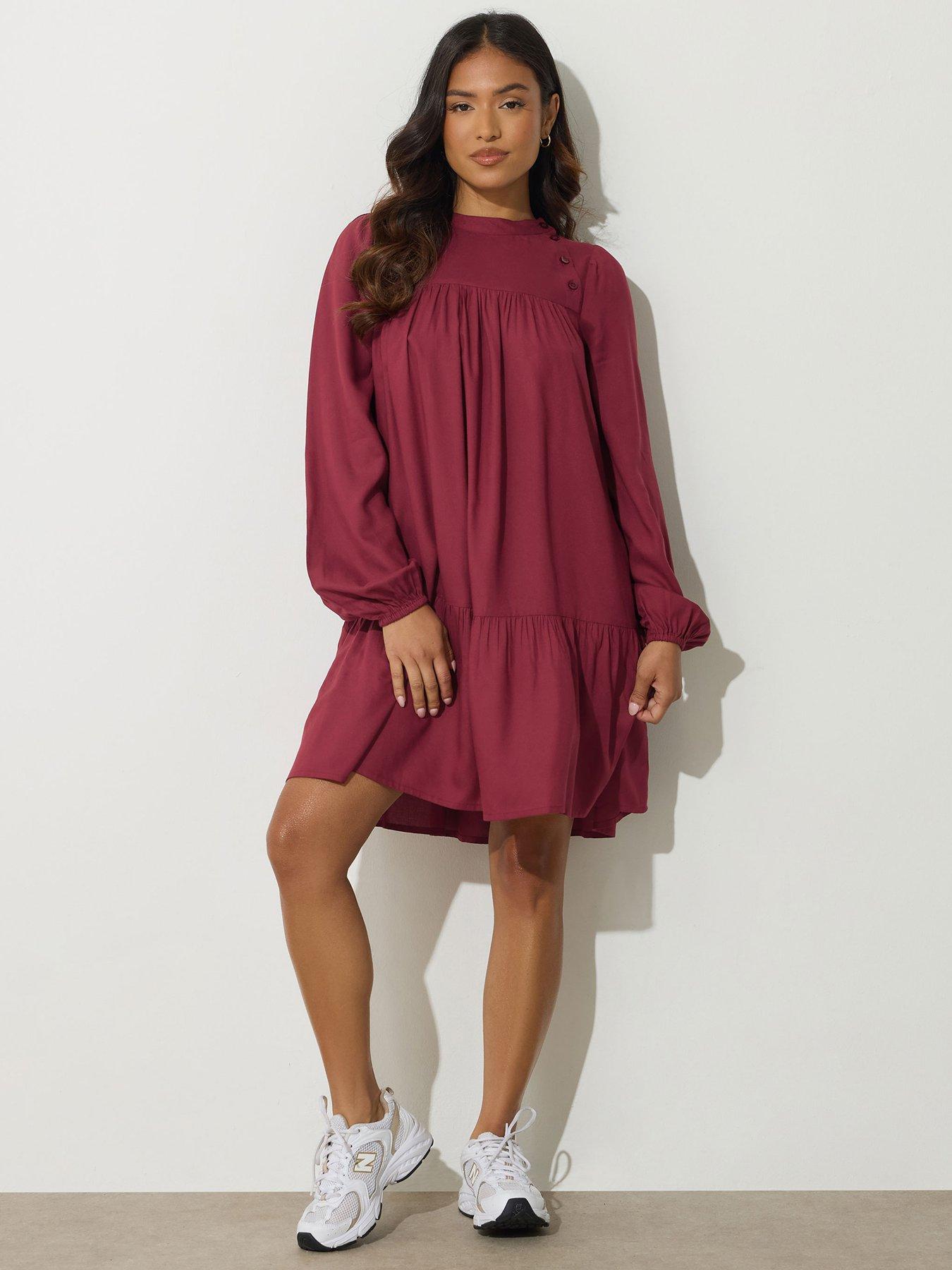 PixieGirl Petite Button Neck Long Sleeve Dress - Red