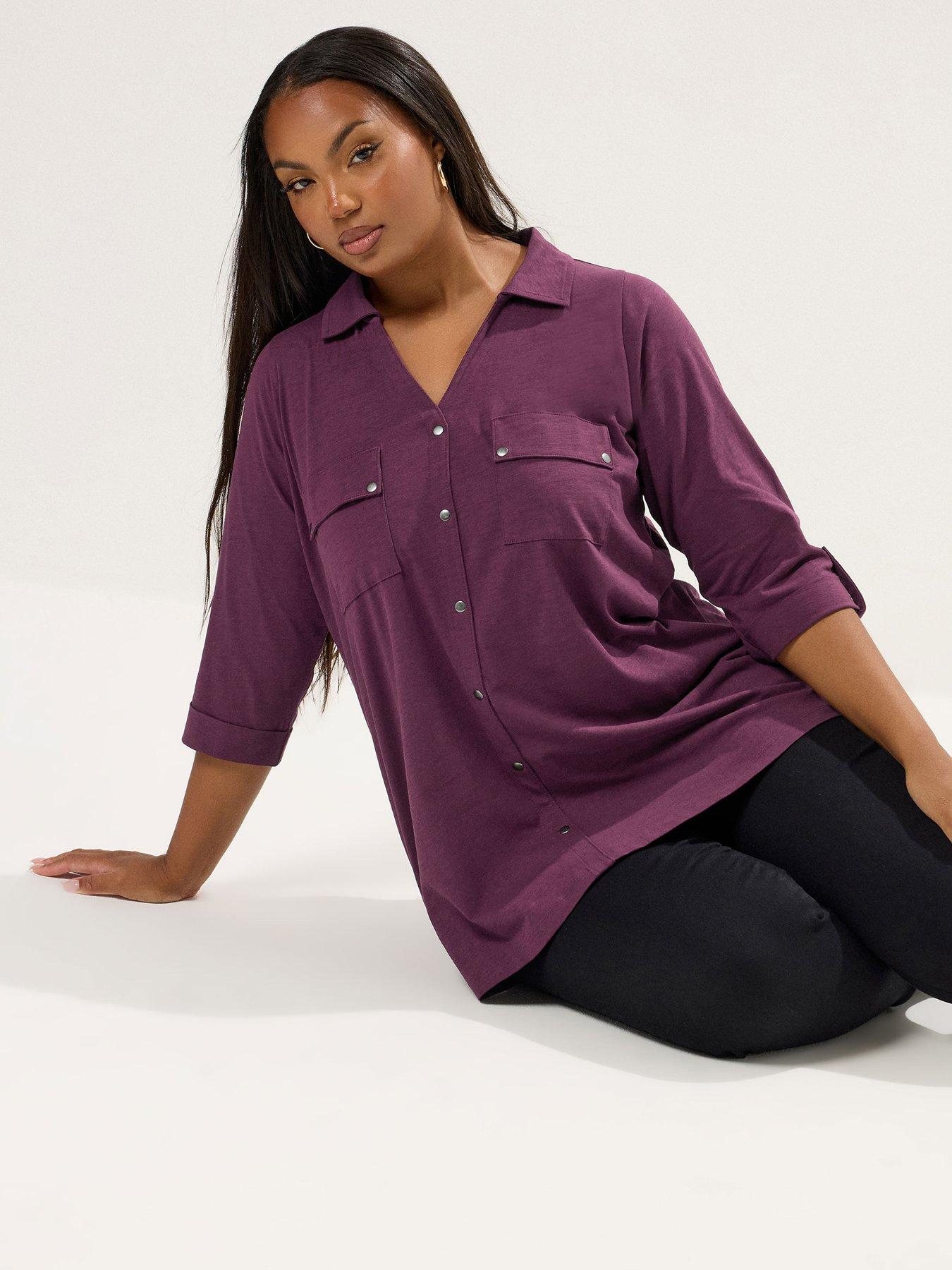 Image 1 of 4 of Yours Curve Placket Jersey Shirt - Purple