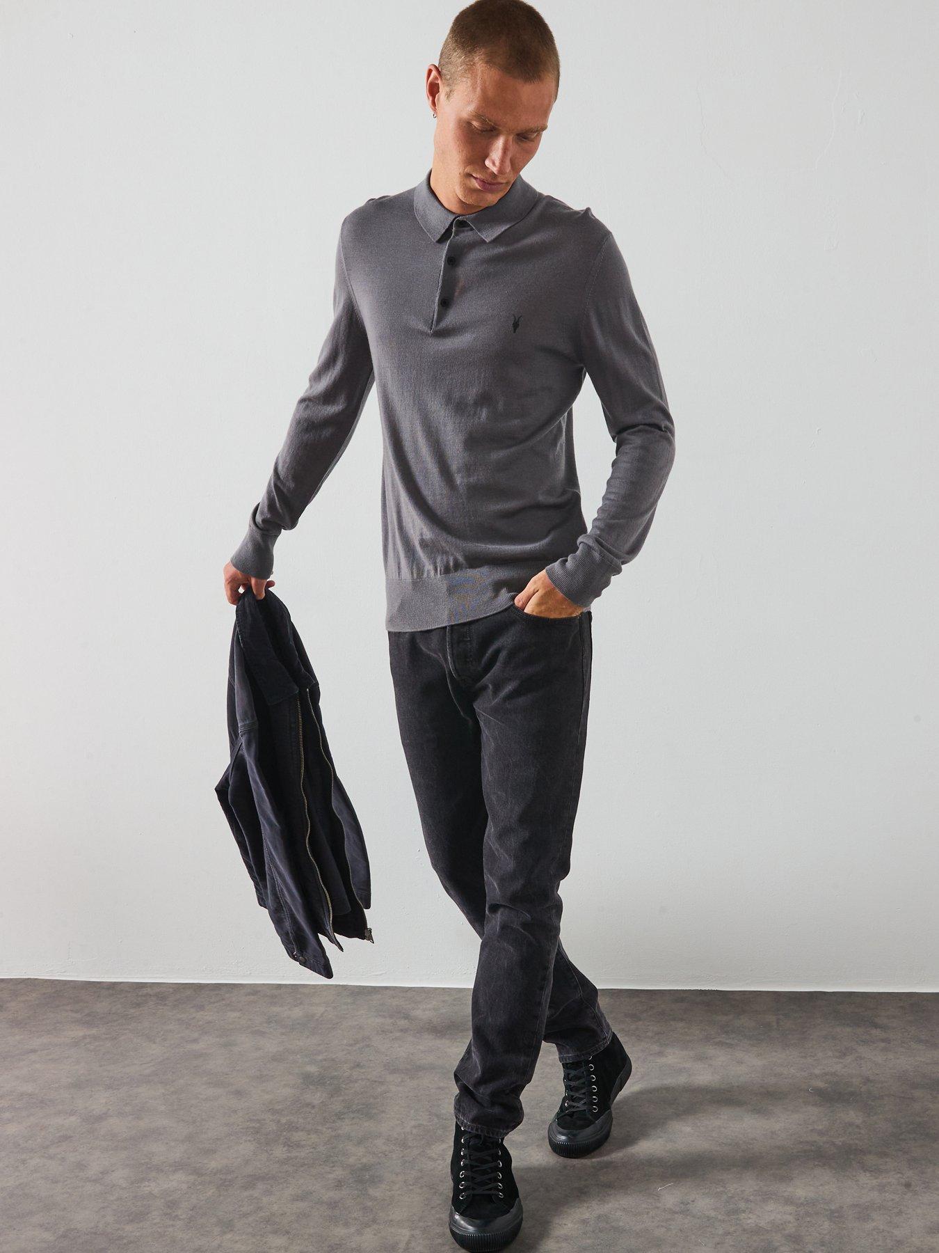 Image 3 of 6 of AllSaints All Saints Mode Merino Long Sleeve Crew Neck Knitted Polo Jumper - Grey