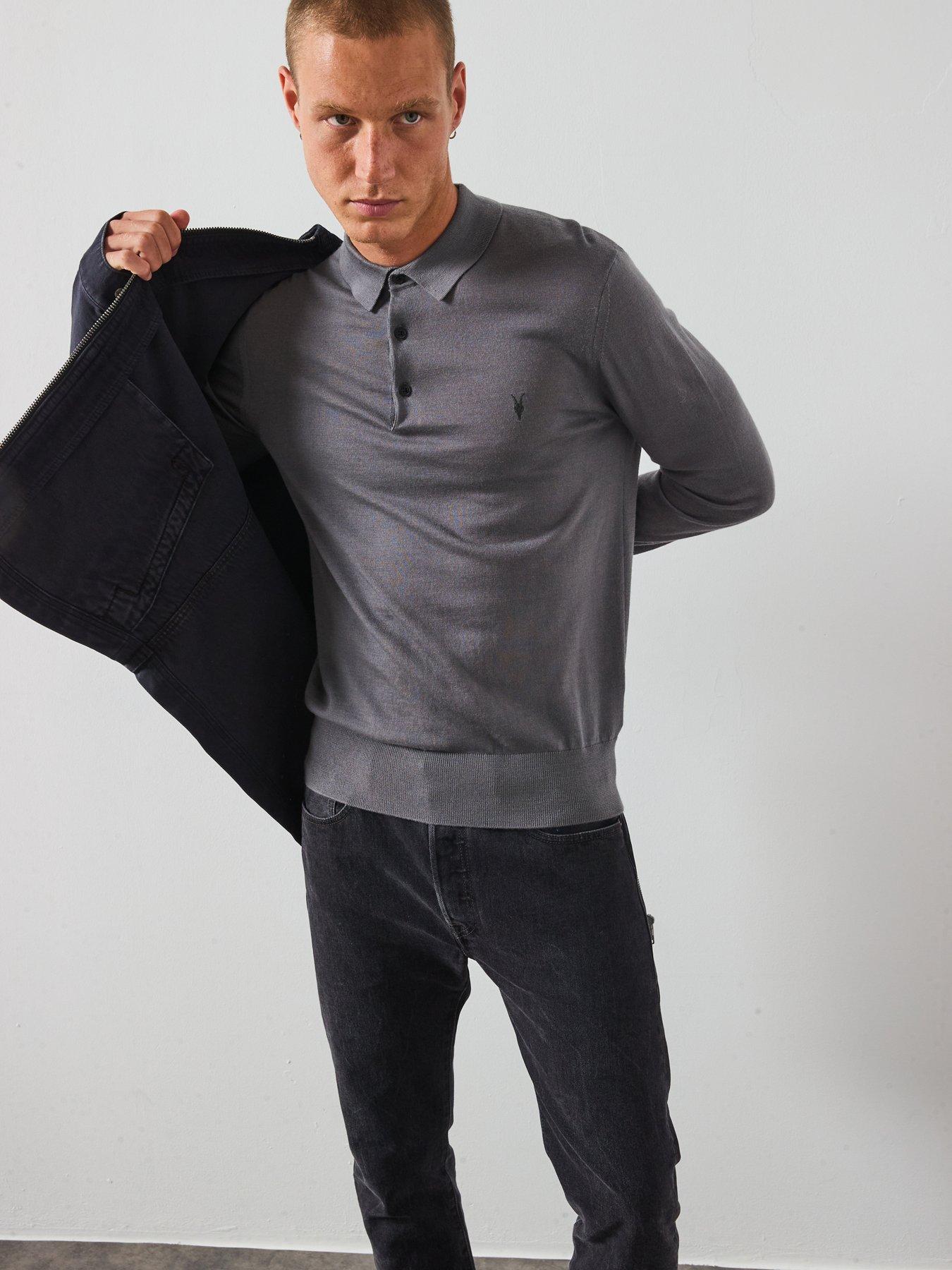 Image 6 of 6 of AllSaints All Saints Mode Merino Long Sleeve Crew Neck Knitted Polo Jumper - Grey