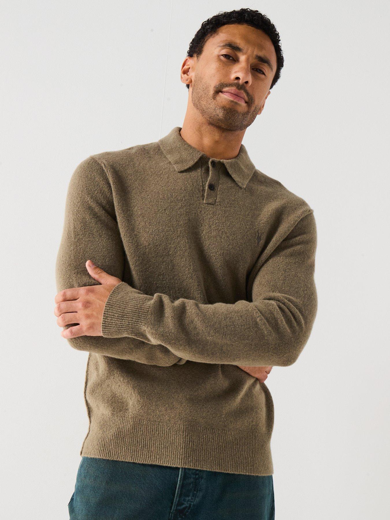AllSaints All Saints Stratten Long Sleeve Knitted Polo Shirt - Khaki