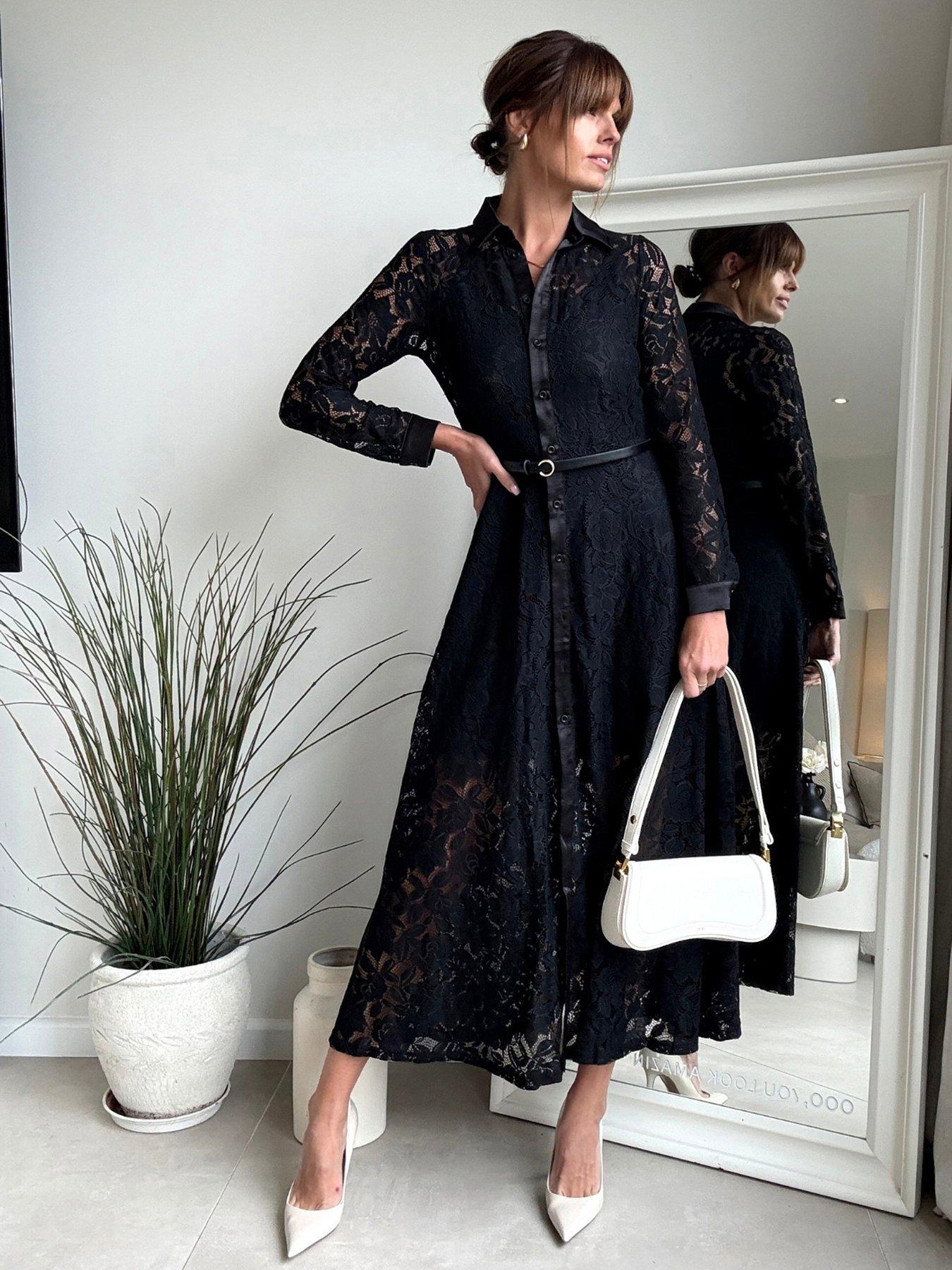 Style Cheat Lace Belted Midi Daphne Dress - Black