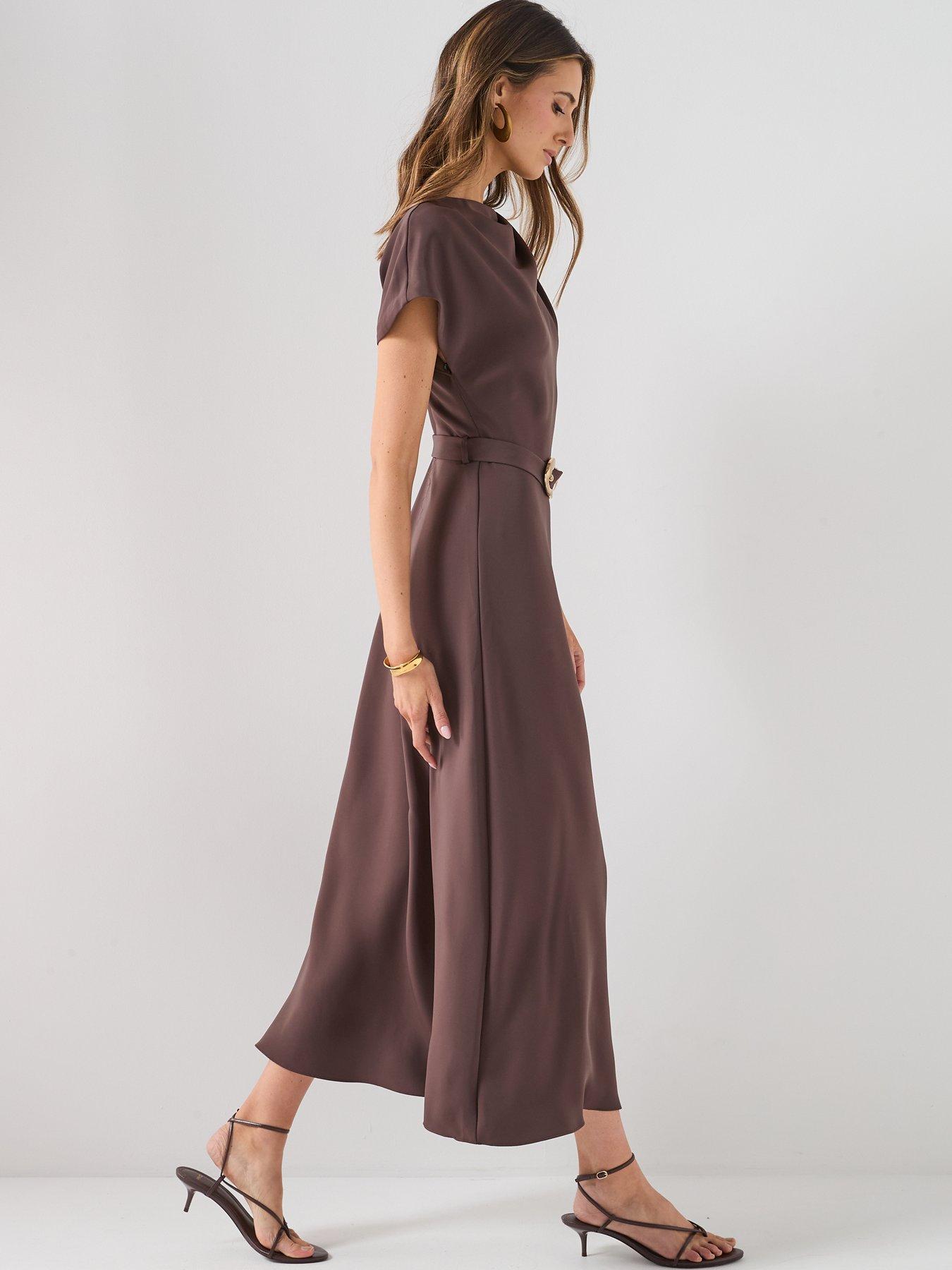 Image 3 of 6 of Forever New Frances Draped Glitter Midi Dress - Brown