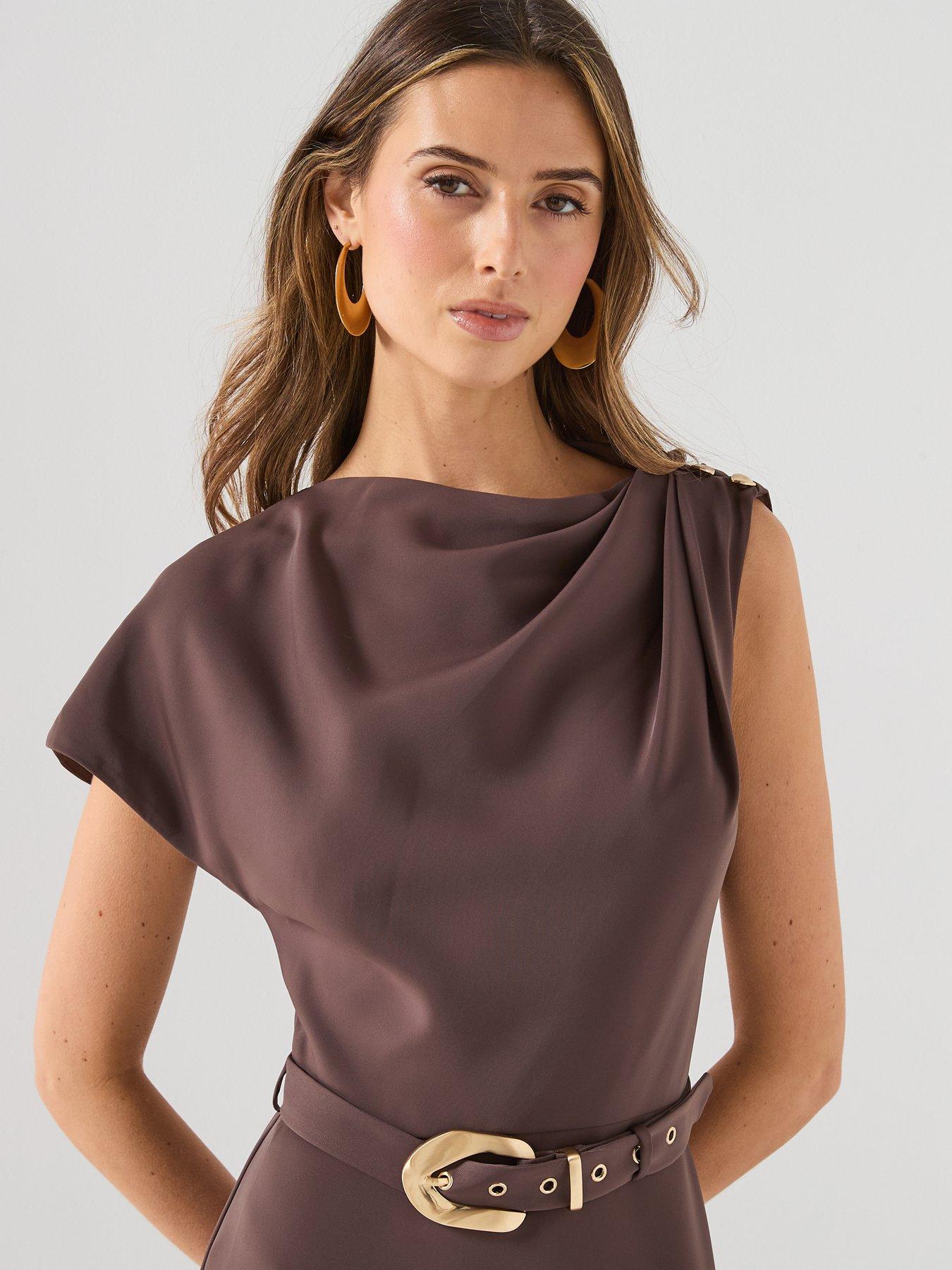 Image 4 of 6 of Forever New Frances Draped Glitter Midi Dress - Brown