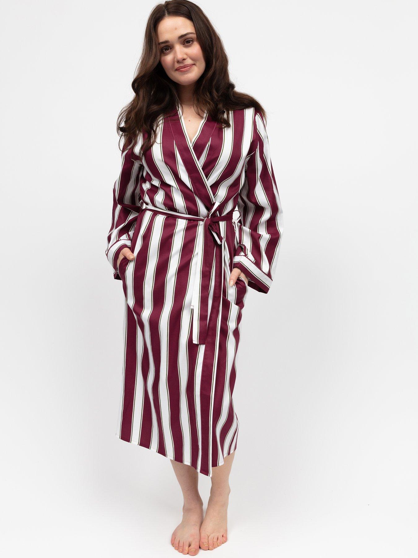 Cyberjammies Yasmin Ox Blood Stripe Printed Long Sleeve Long Dressing Gown - Red