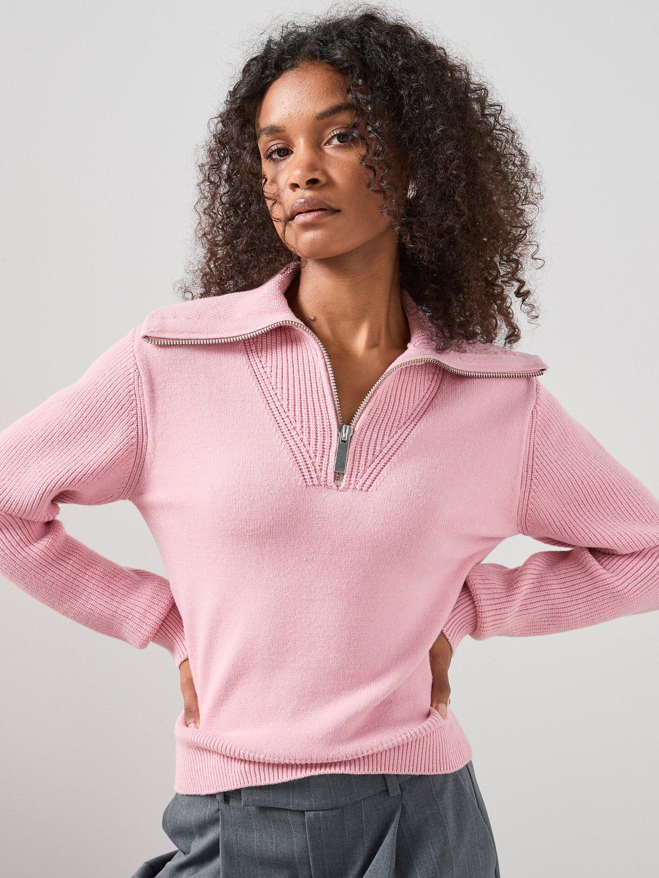 The Very Collection Zip Through Knitted Collared Neck Jumper - Pink