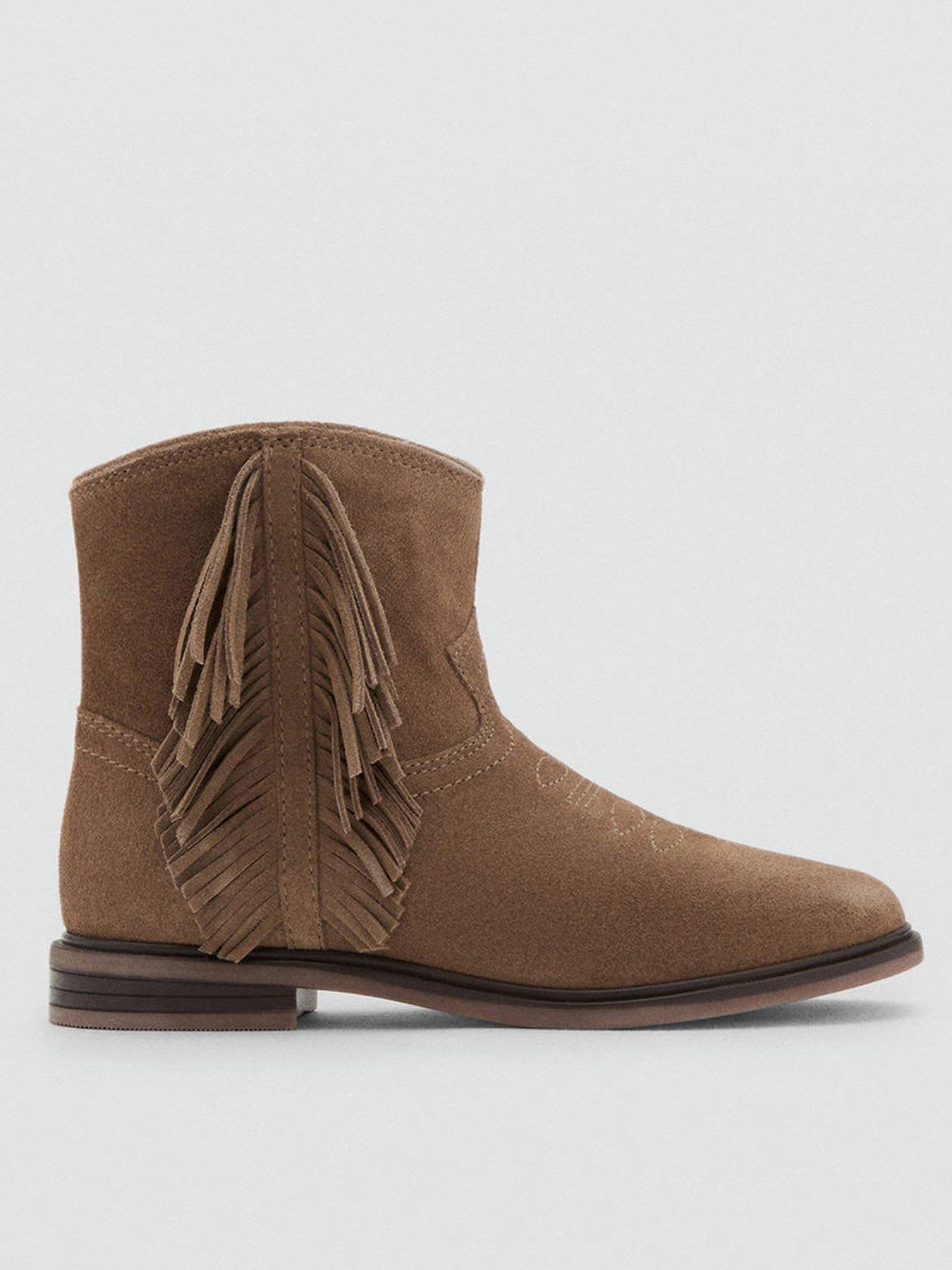 Mango Girls Fringe Ankle Boots - Beige