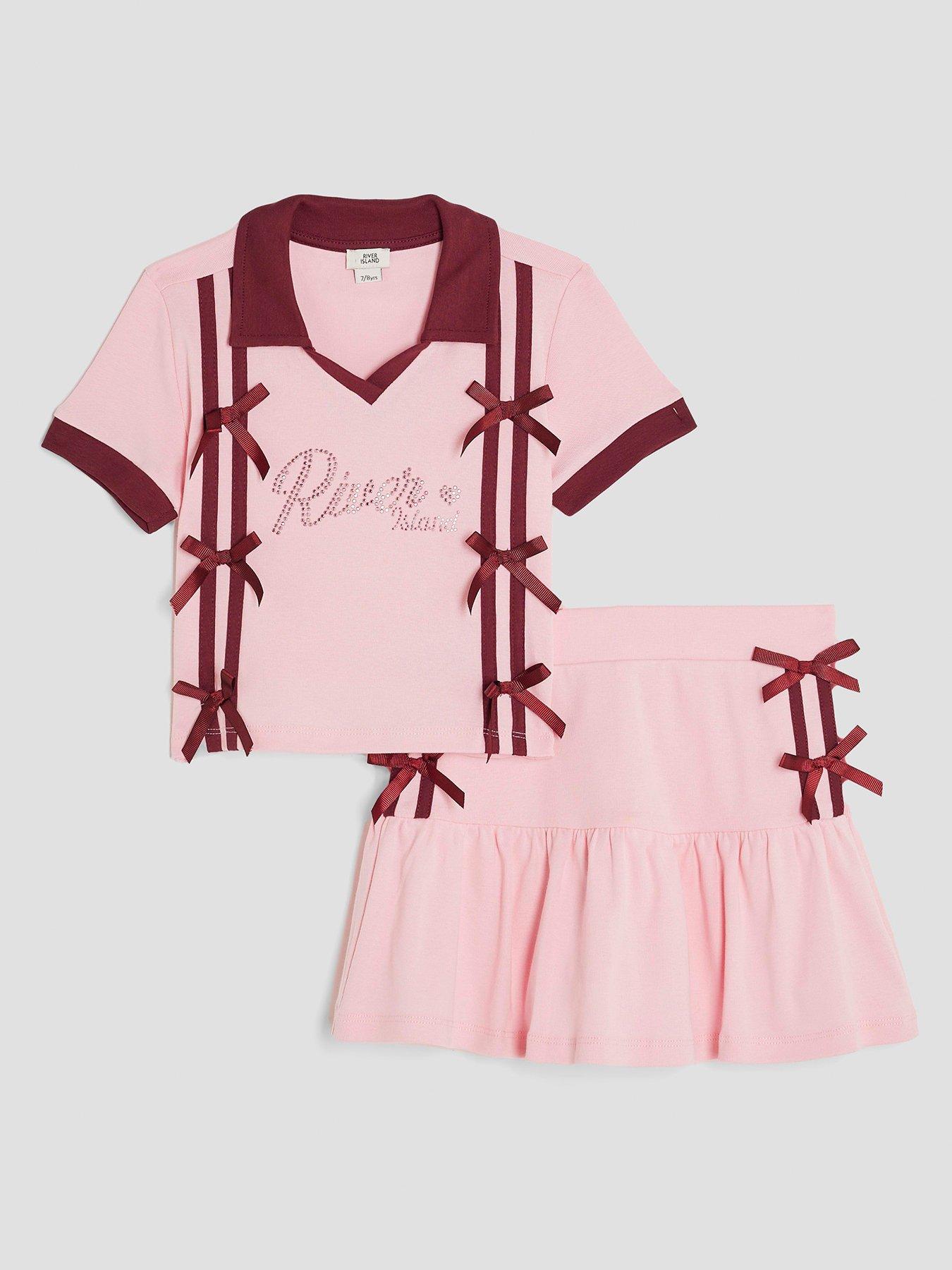 River Island Older Girls Polo Shirt  &  Skirt Bow Set - Pink