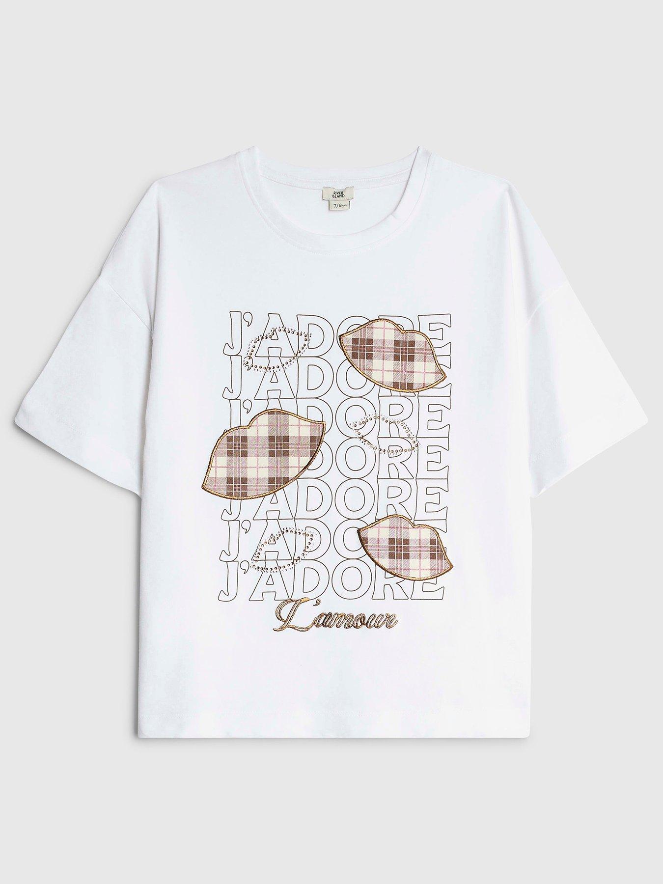 River Island Older Girls Check Lips Boyfriend T-Shirt - White