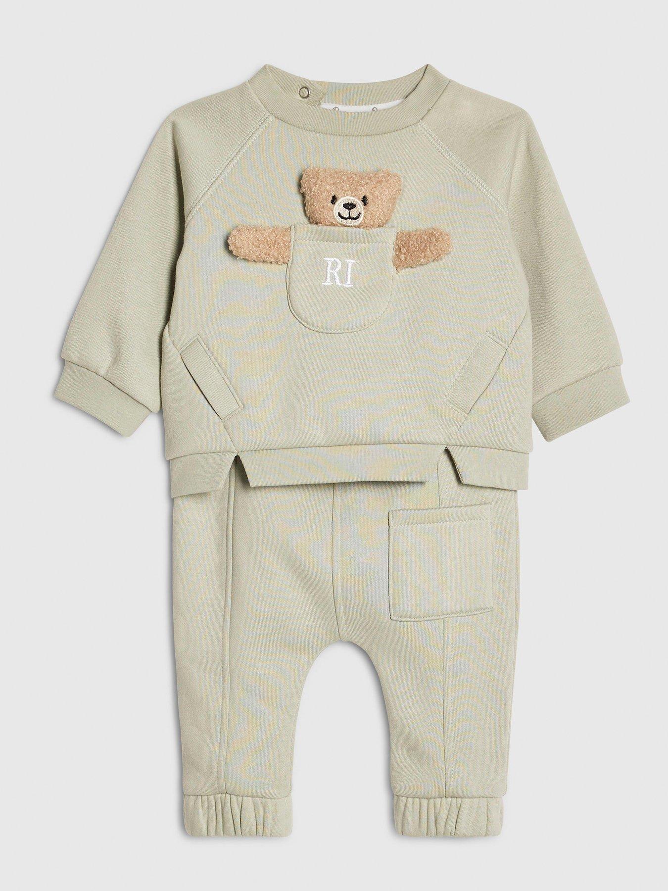 Image 3 of 5 of River Island Baby Boys Bear Pocket Sweatshirt Set - Khaki