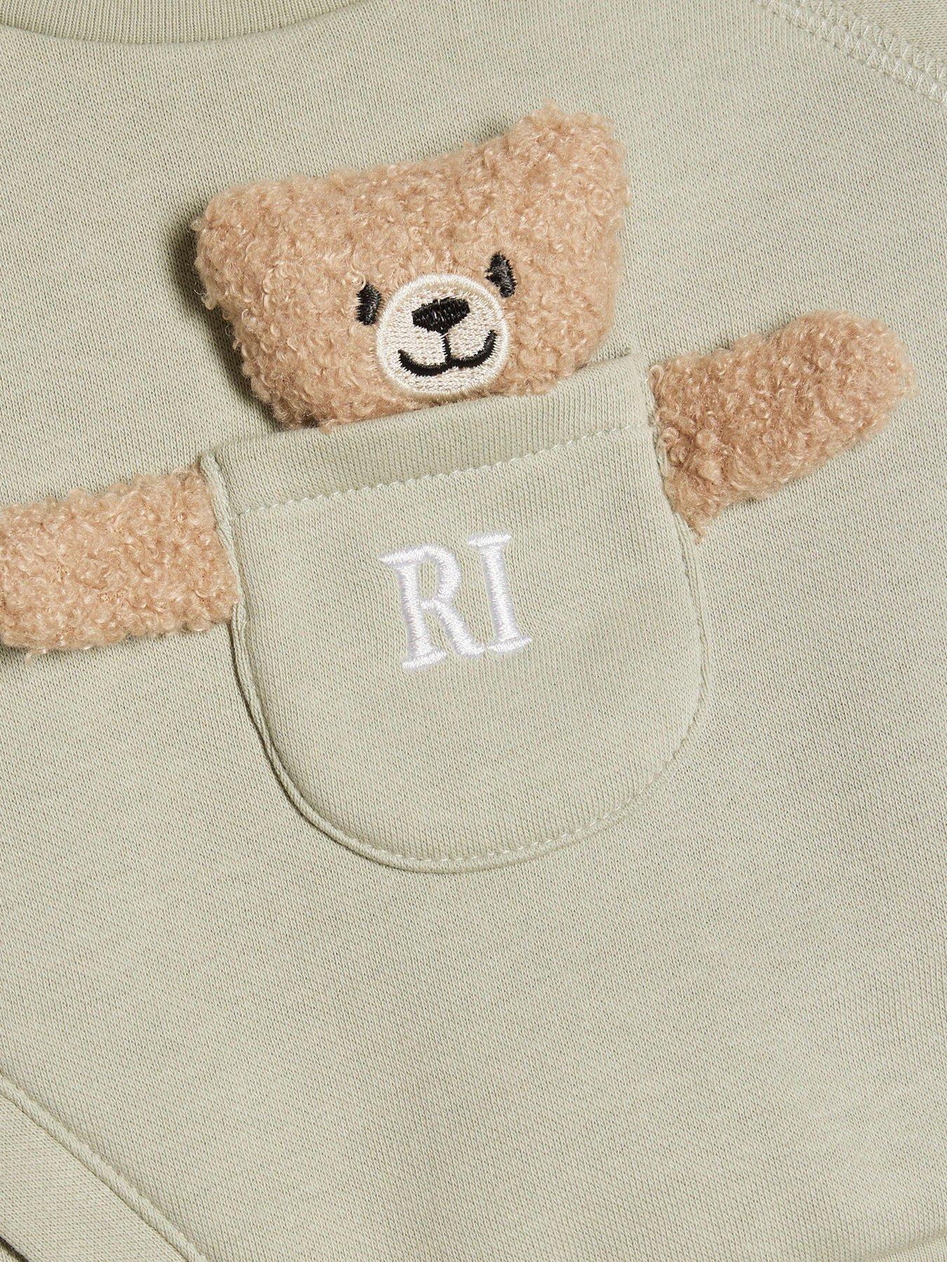 Image 4 of 5 of River Island Baby Boys Bear Pocket Sweatshirt Set - Khaki