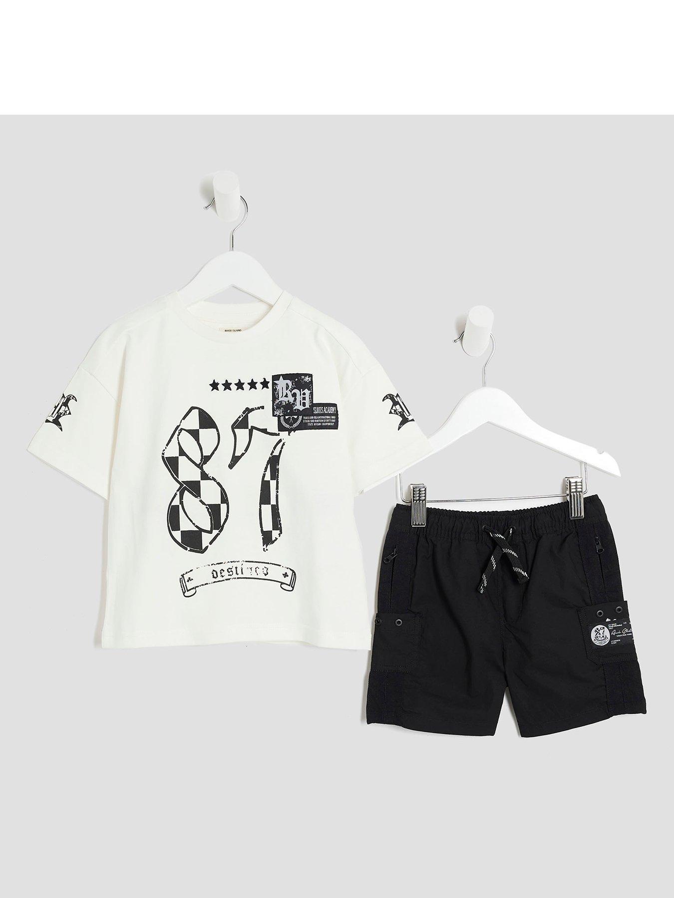 Image 1 of 5 of River Island Mini Boys Cargo Shorts and T-Shirt Set - Black