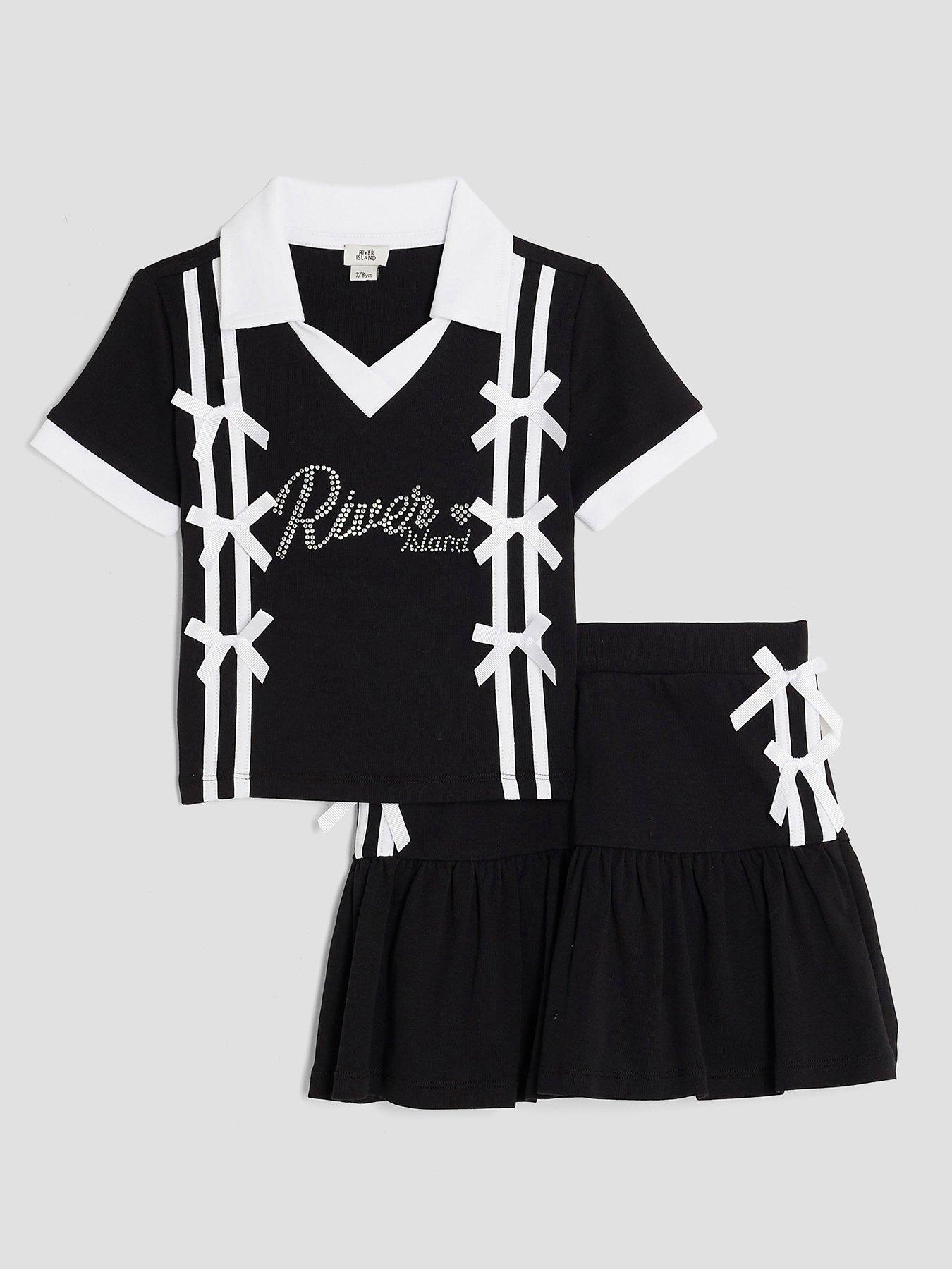 River Island Older Girls Polo Shirt  &  Skirt Bow Set - Black