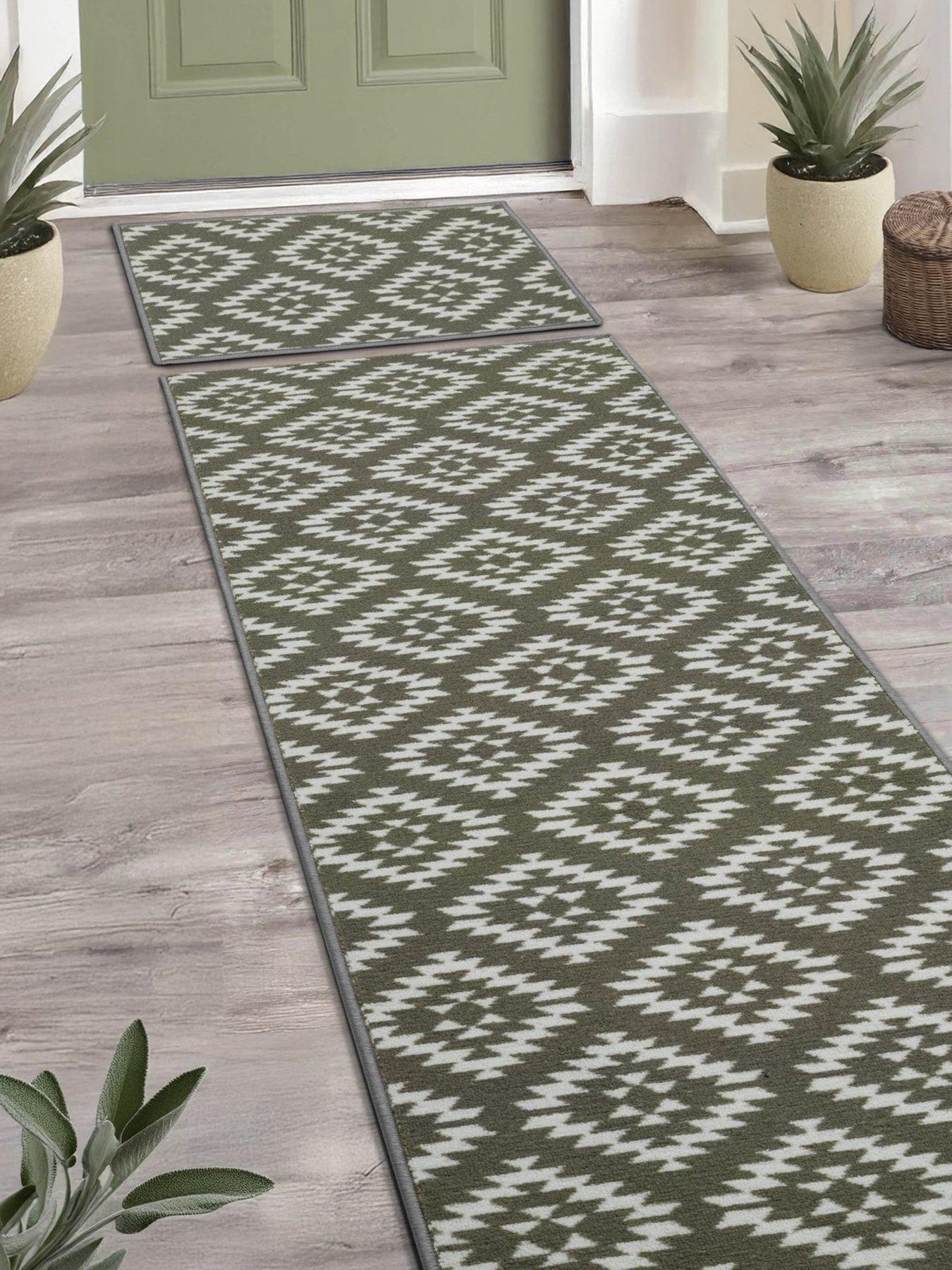 Image 1 of 4 of The Very Collection Aztec Sage Green Diamond Runner &amp; Doormat Set