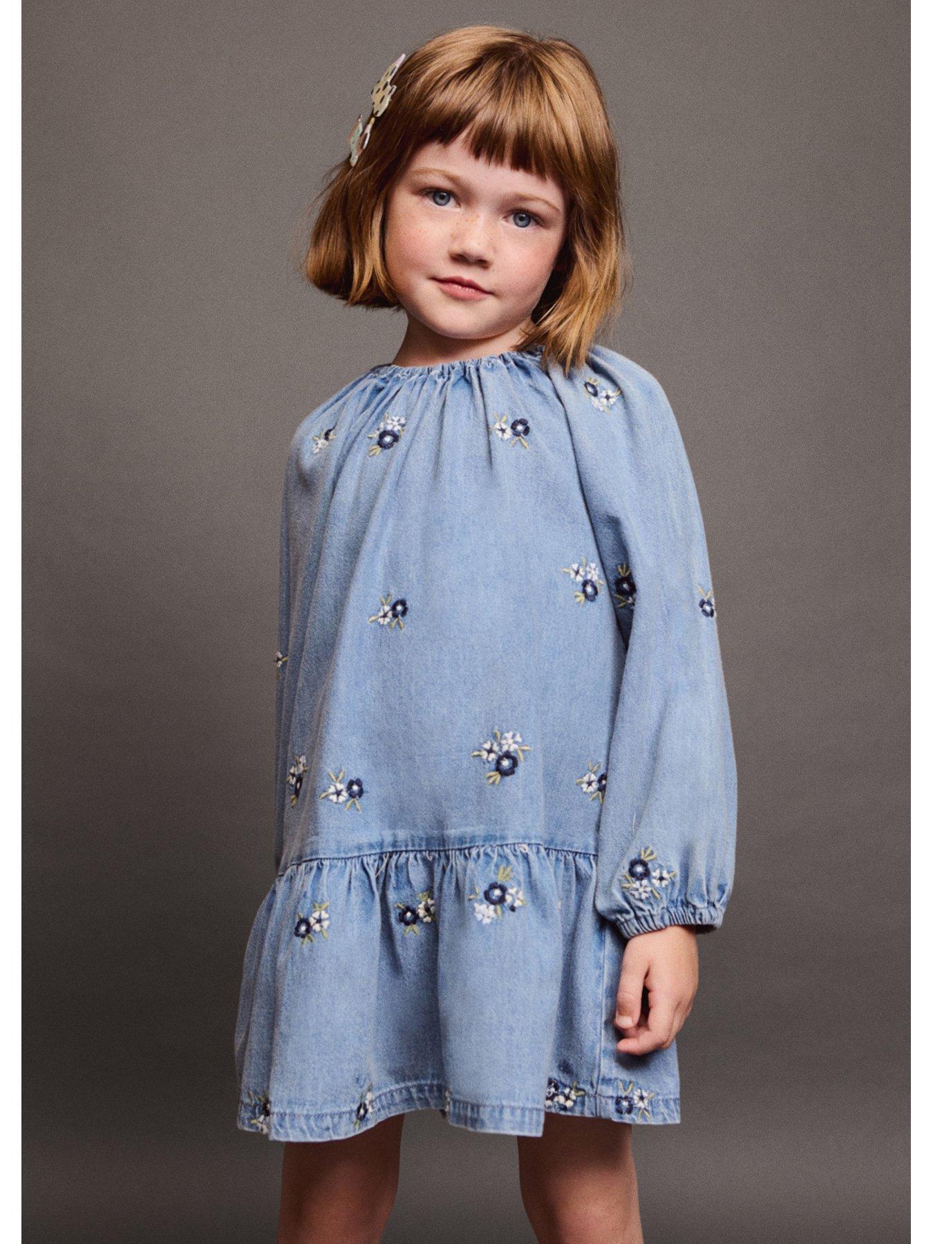 Mango Younger Girls Floral Long Sleeve Denim Dress - Blue