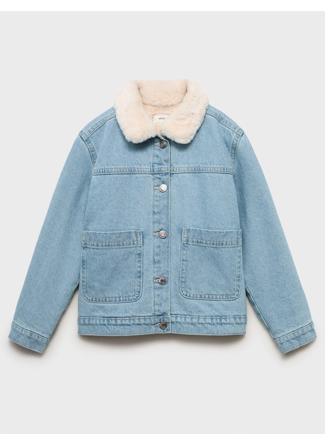 Mango Girls Faux Fur Collar Denim Jacket - Blue