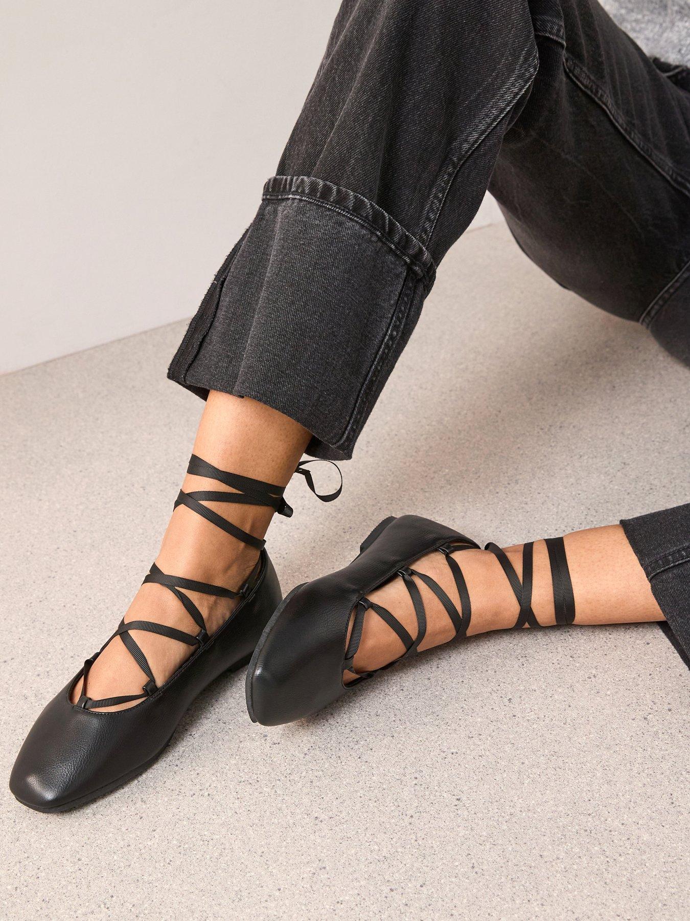 The Very Collection Wide Fit Laced Ghillie Ballet Flat Shoe - Black