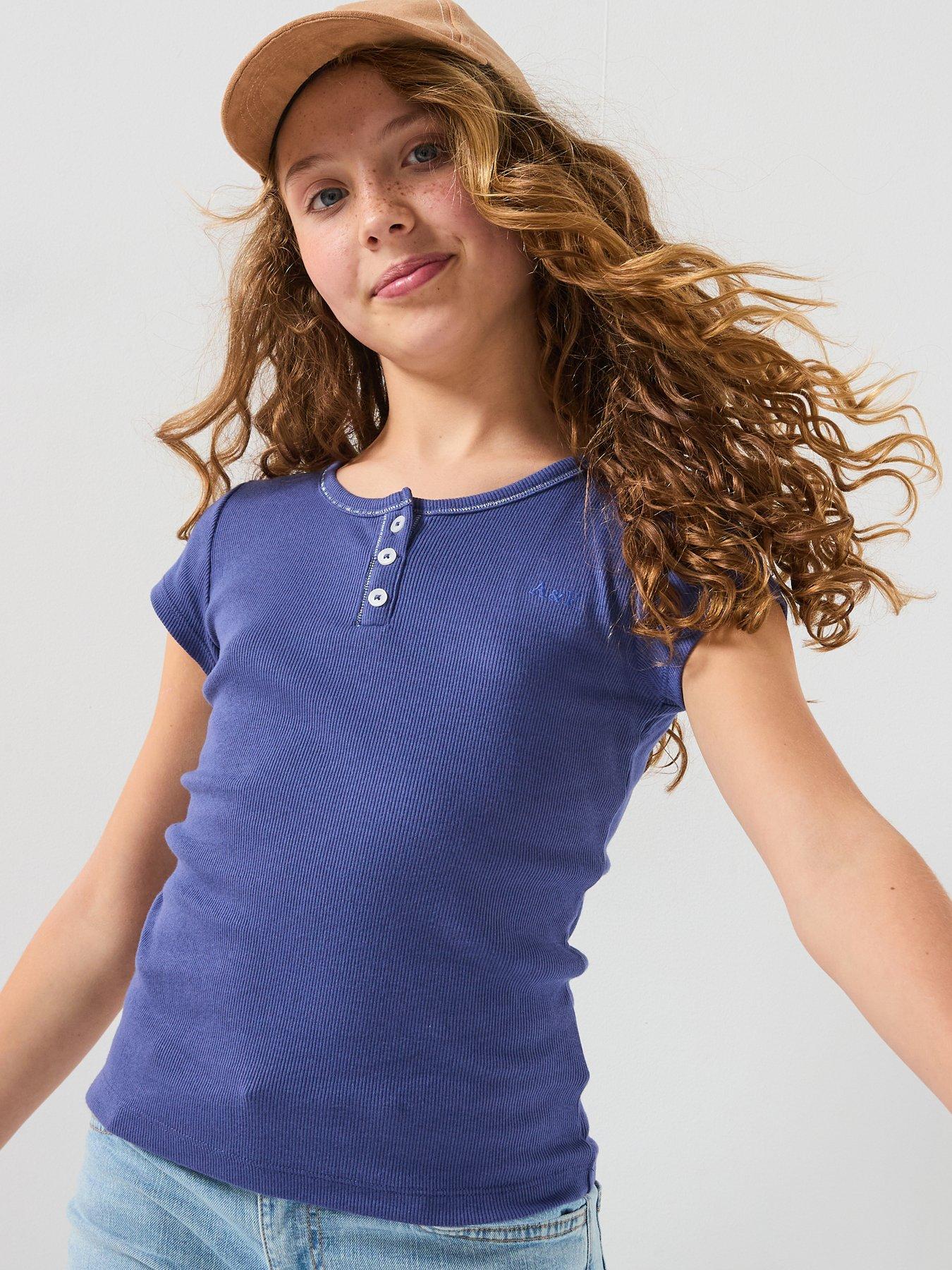 Abercrombie & Fitch Girls Essential Henley Short Sleeve T-Shirt - Blue