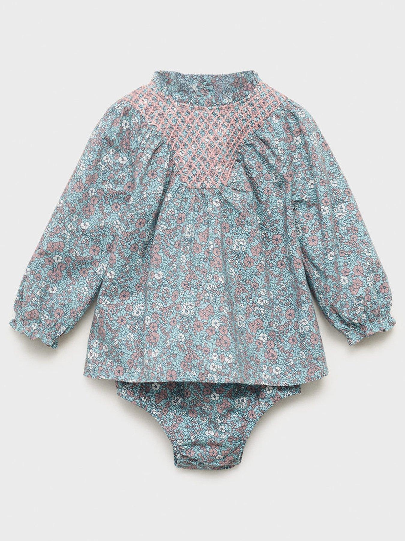 Mango Baby Girls Long Sleeve Floral Dress  &  Knickers - Blue