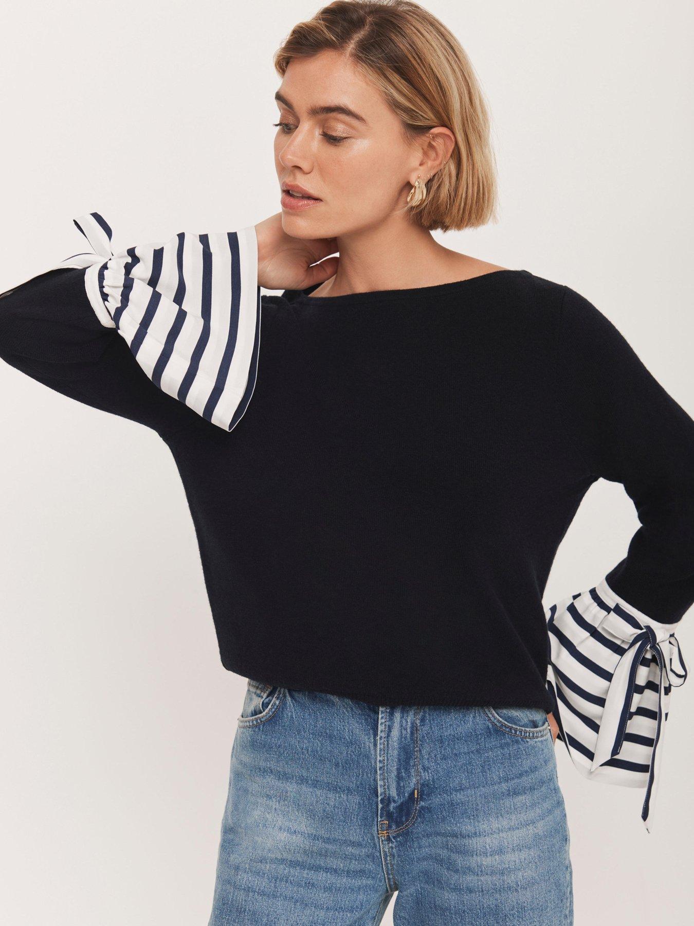 Image 1 of 6 of Mint Velvet Navy Woven Stripe Cuff Jumper - Blue