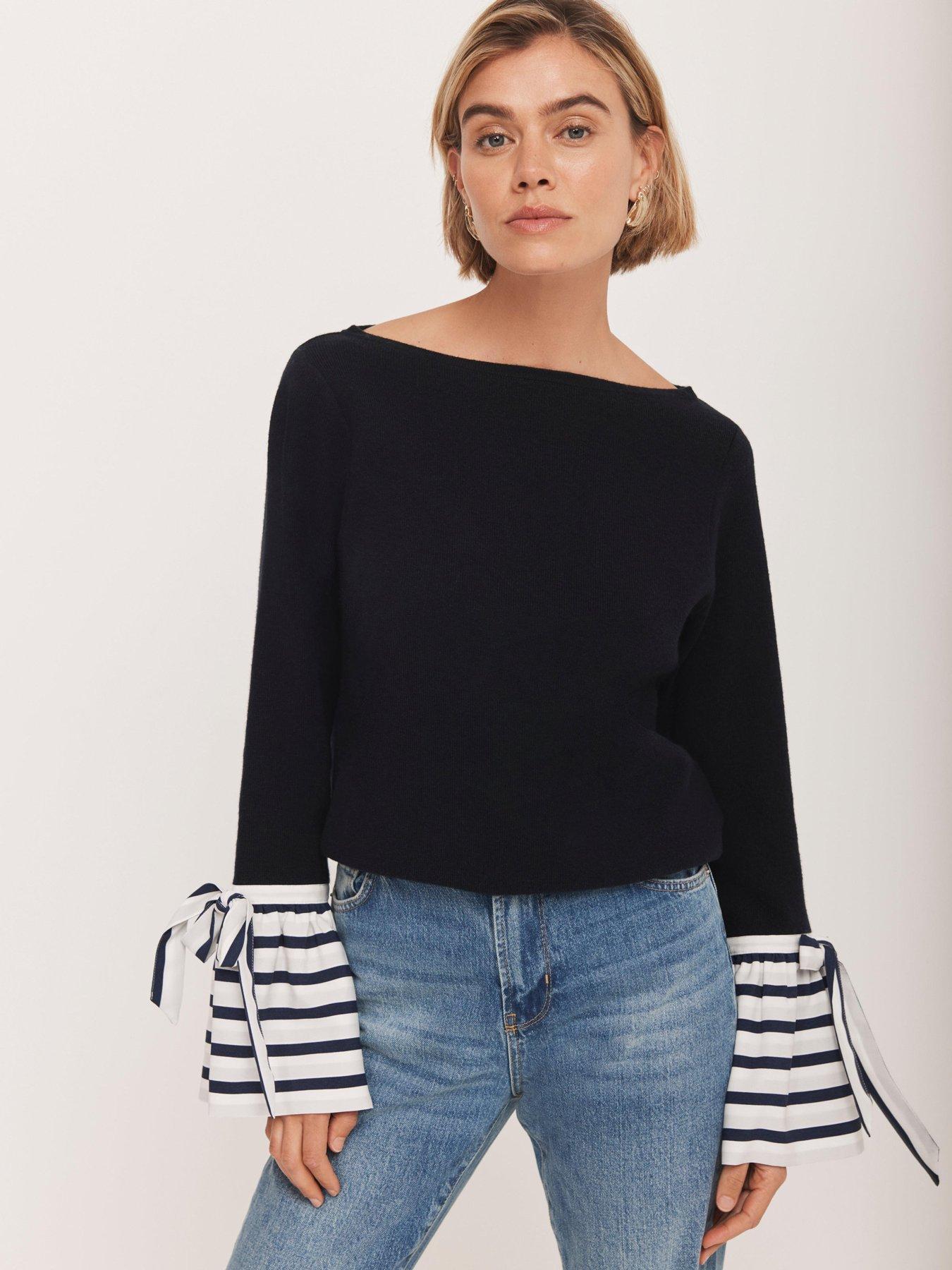 Image 2 of 6 of Mint Velvet Navy Woven Stripe Cuff Jumper - Blue
