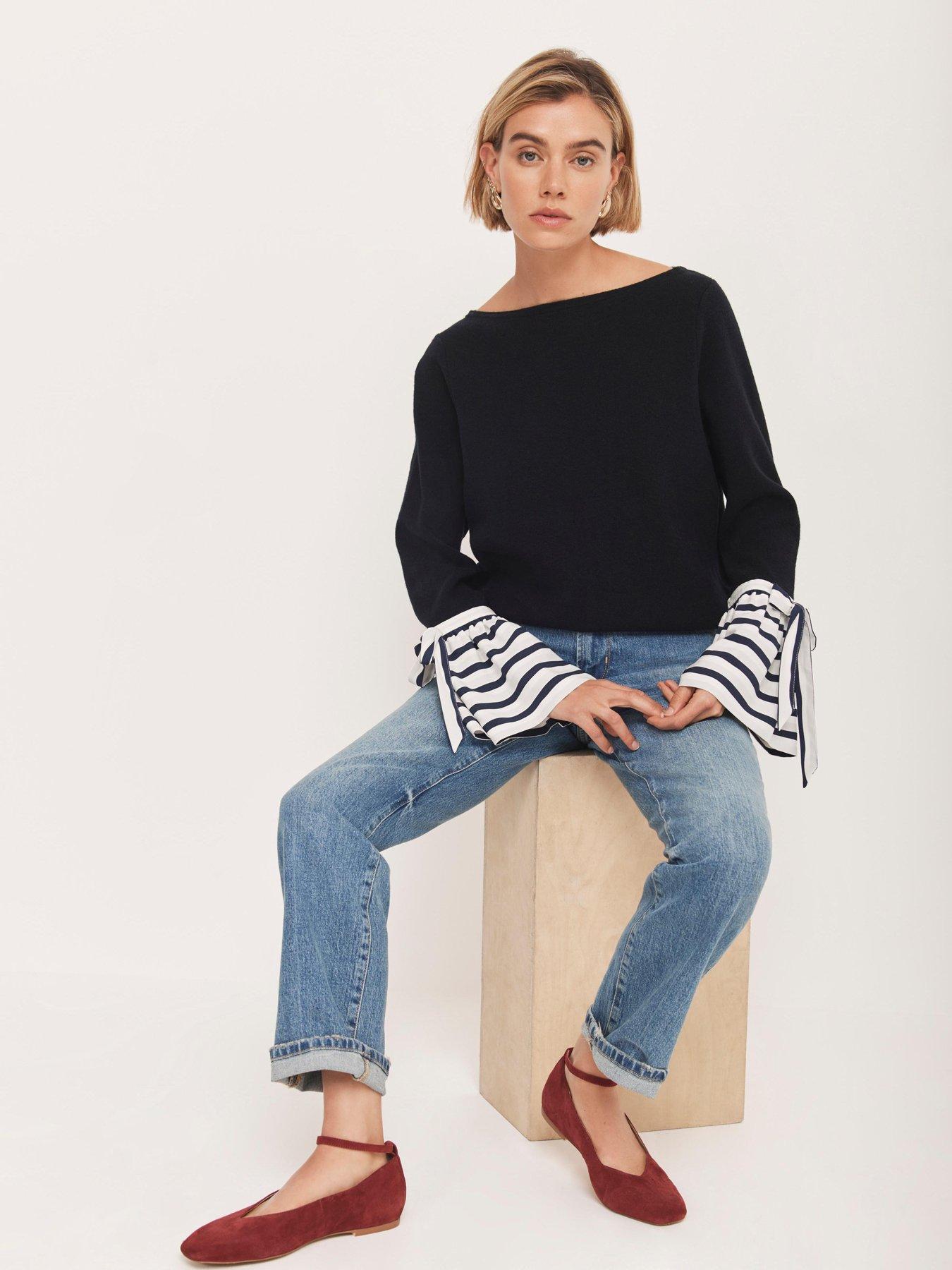 Image 3 of 6 of Mint Velvet Navy Woven Stripe Cuff Jumper - Blue