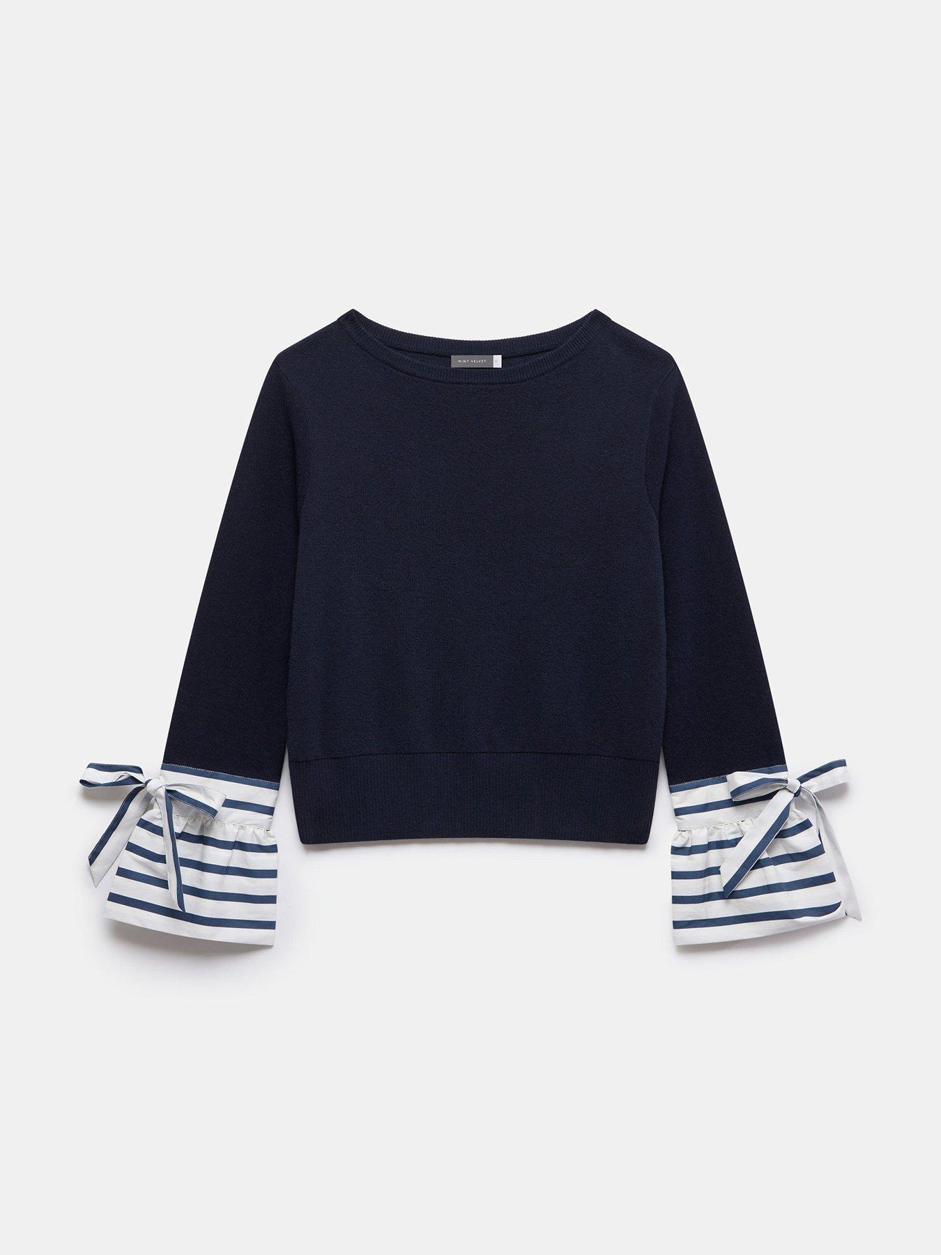 Image 5 of 6 of Mint Velvet Navy Woven Stripe Cuff Jumper - Blue