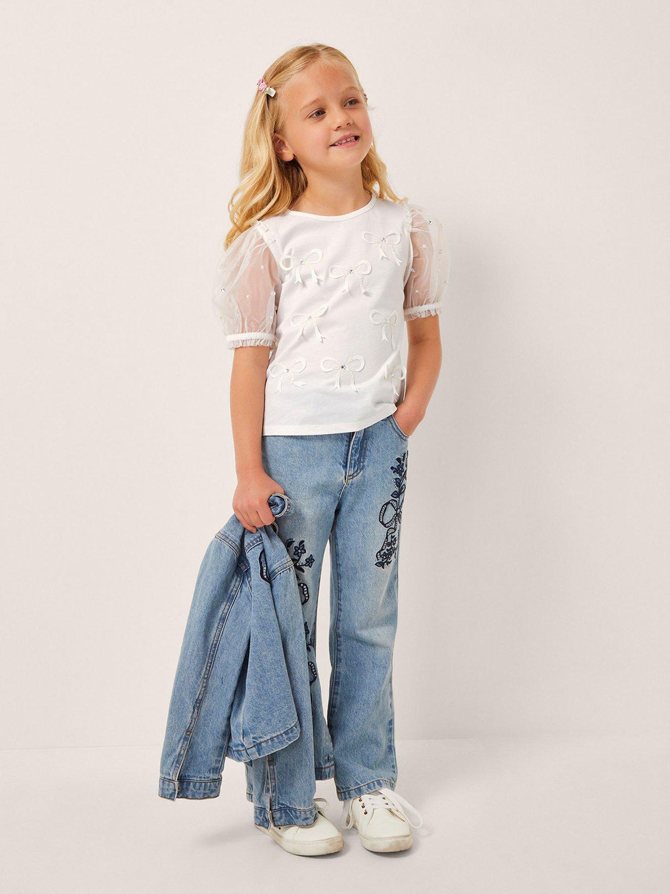 Monsoon Girls Bow All Over Embroidered T-shirt - Light Cream