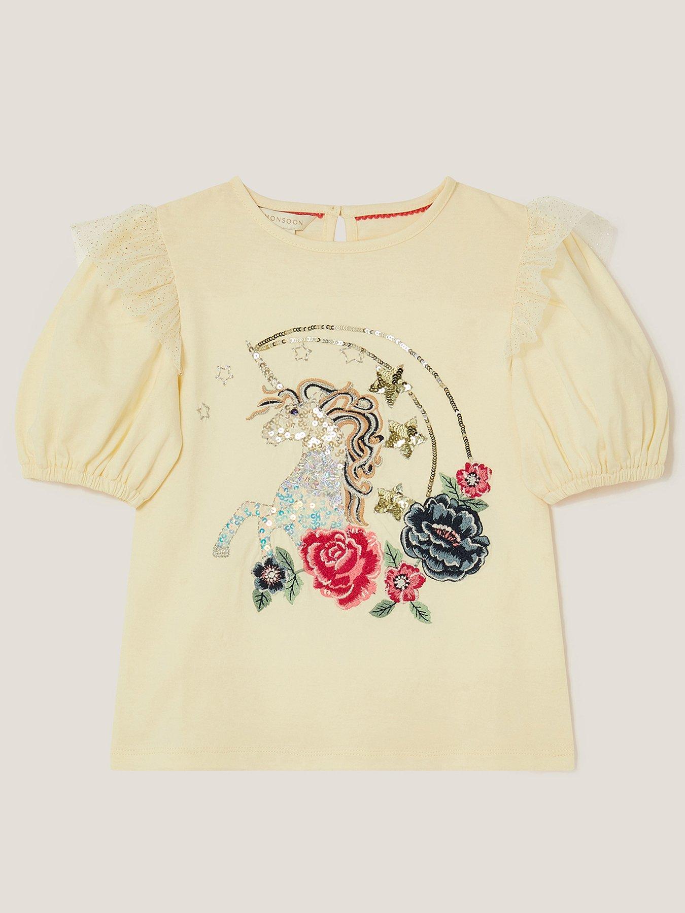 Image 2 of 4 of Monsoon Girls Unicorn Short Sleeve Tshirt - Light Cream