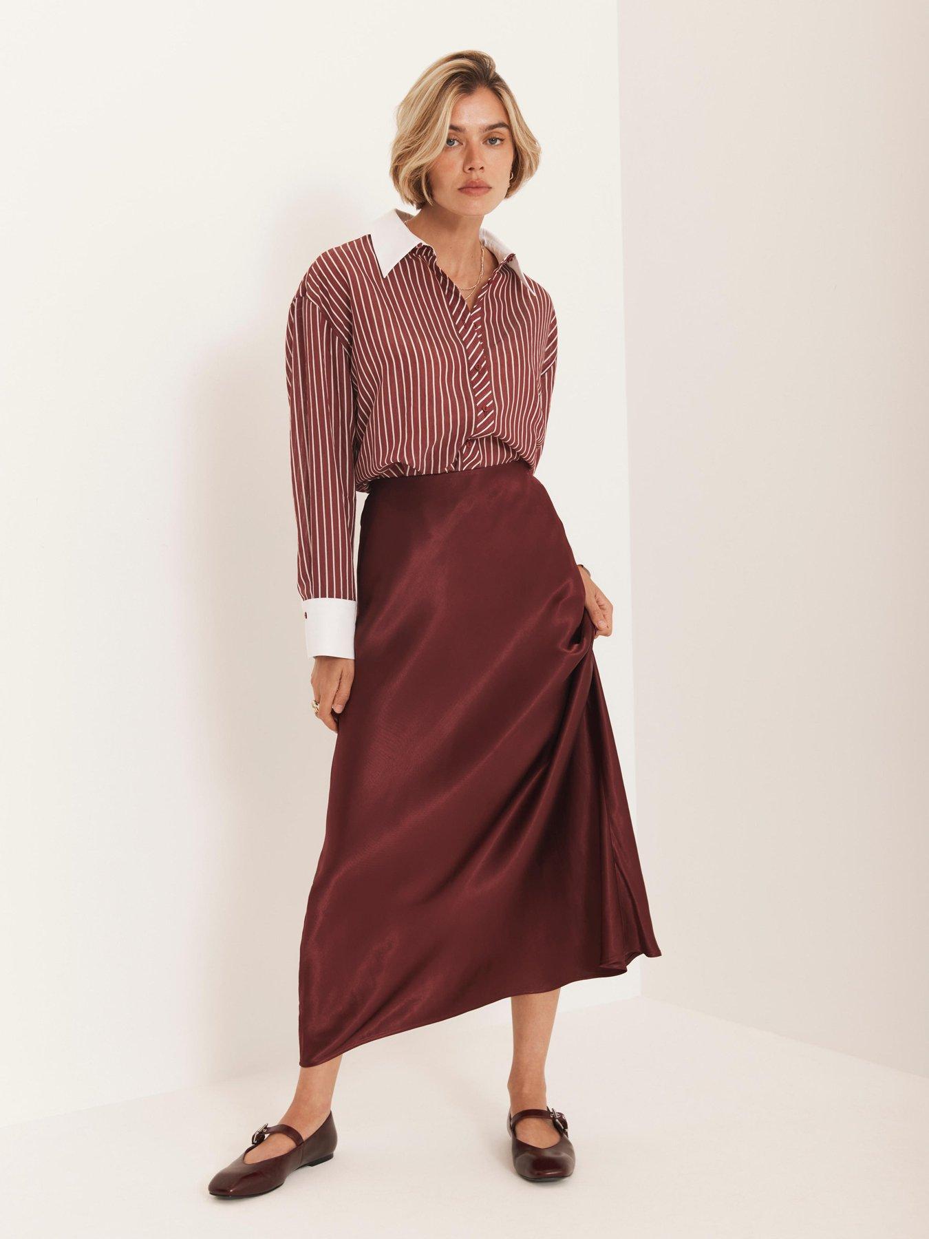 Mint Velvet Burgundy Satin Slip Midi Skirt