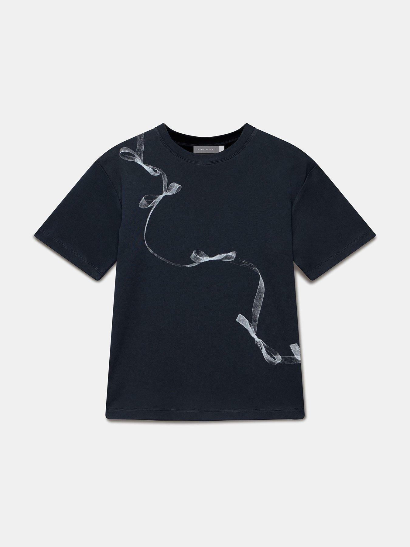 Image 5 of 6 of Mint Velvet Navy Ribbon Print T-Shirt - Blue